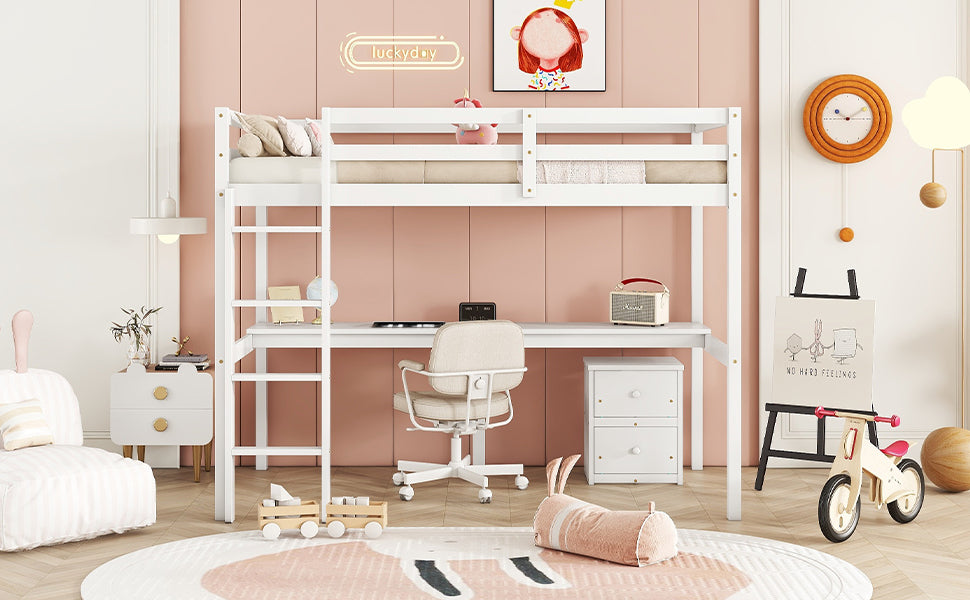 Twin Loft Wood Bed with Under-bed, Built-in Desk, a Storage Cabinet of 2 Drawers, Guardrails, Ladder,White - Korvel