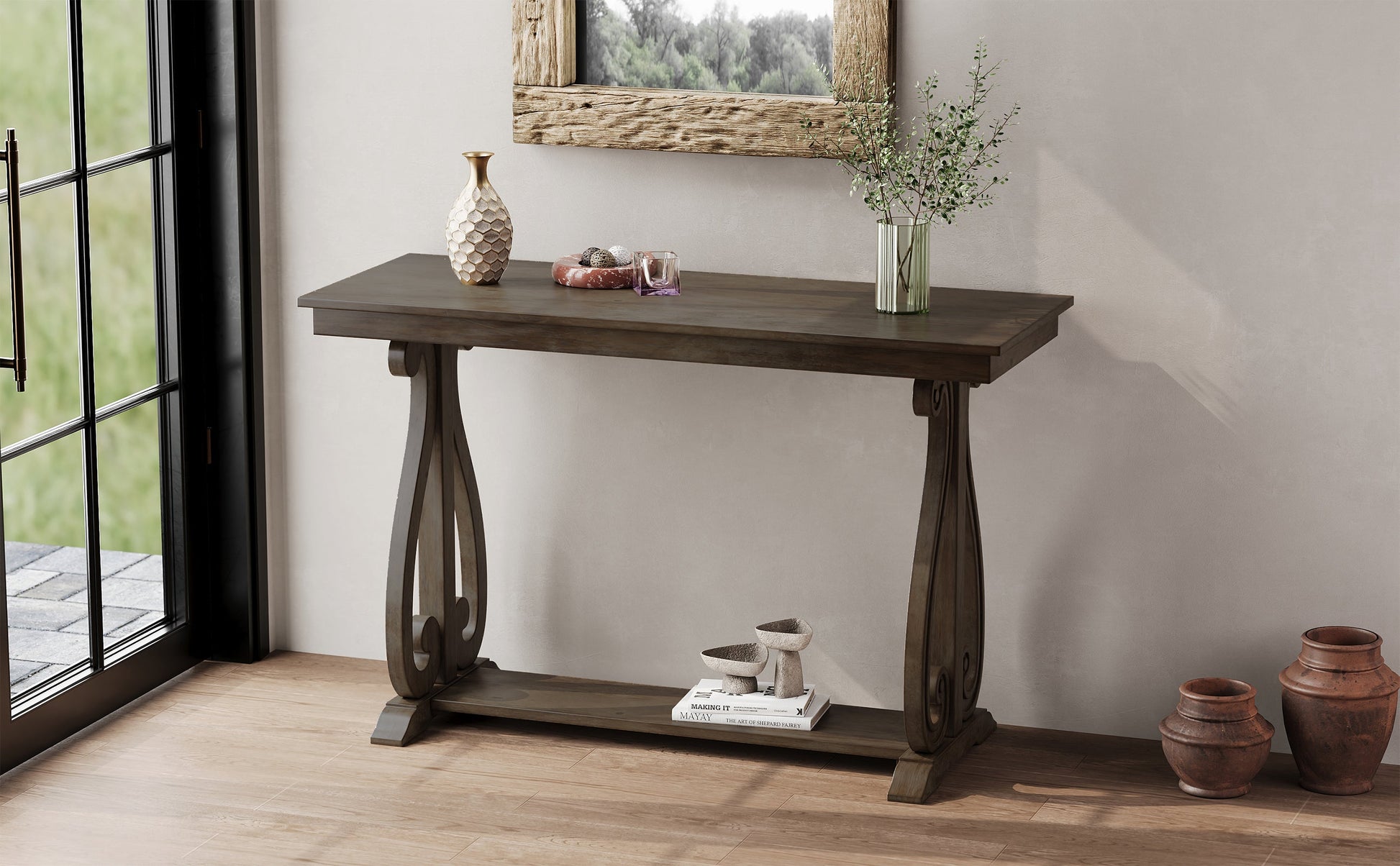 48-Inch Rustic Vintage Console Table --- Farmhouse Style Entryway Table with Open Shelf and Sturdy Construction (Walnut) - Korvel