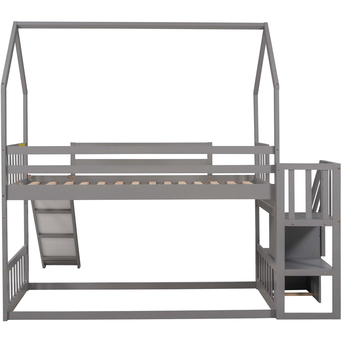 Lit superposé maison jumeau sur jumeau avec toboggan et escalier de rangement - Gris