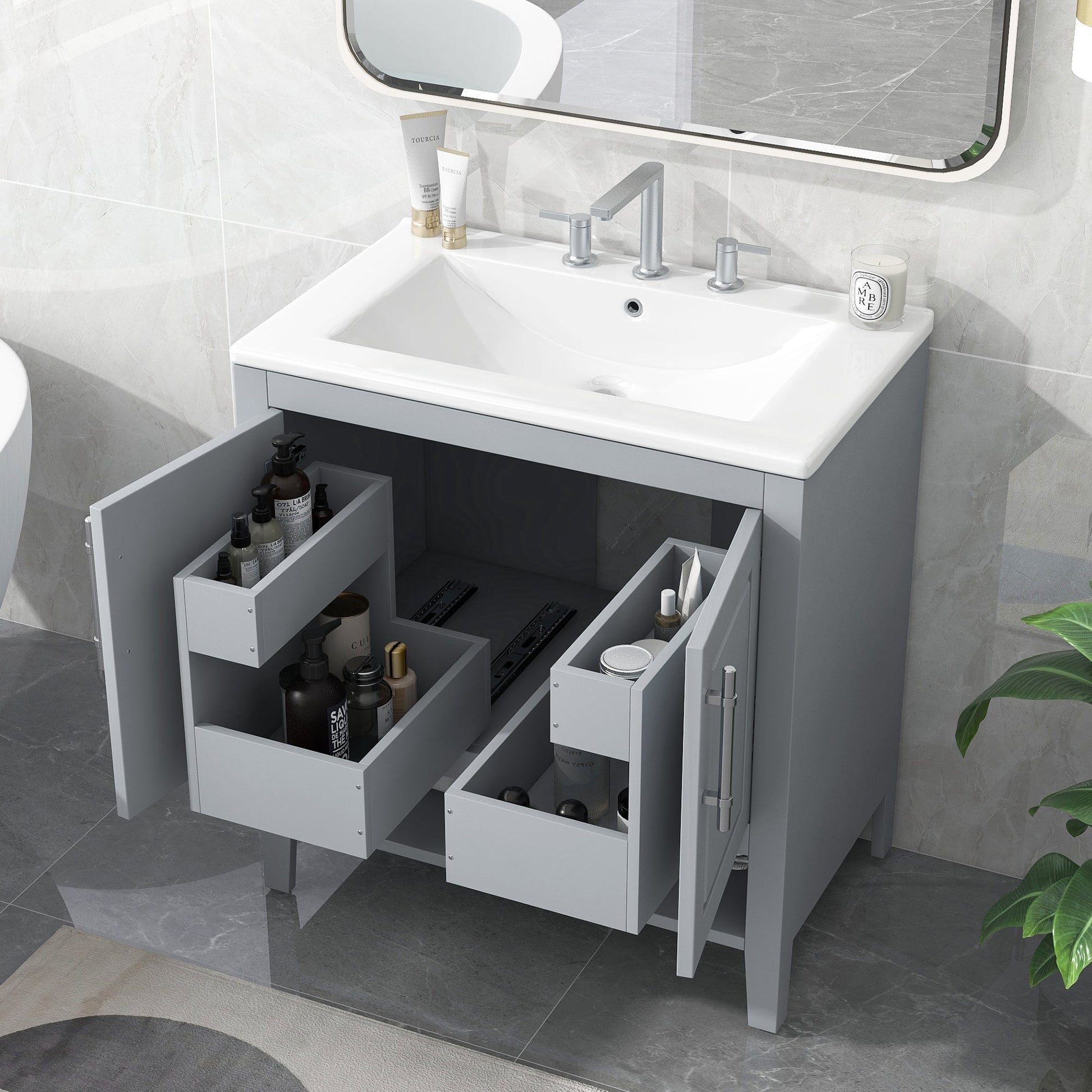 30" Bathroom Vanity with Sink, Multi-functional Bathroom Cabinet with Doors and Drawers, Solid Frame and MDF Board, Grey - Korvel