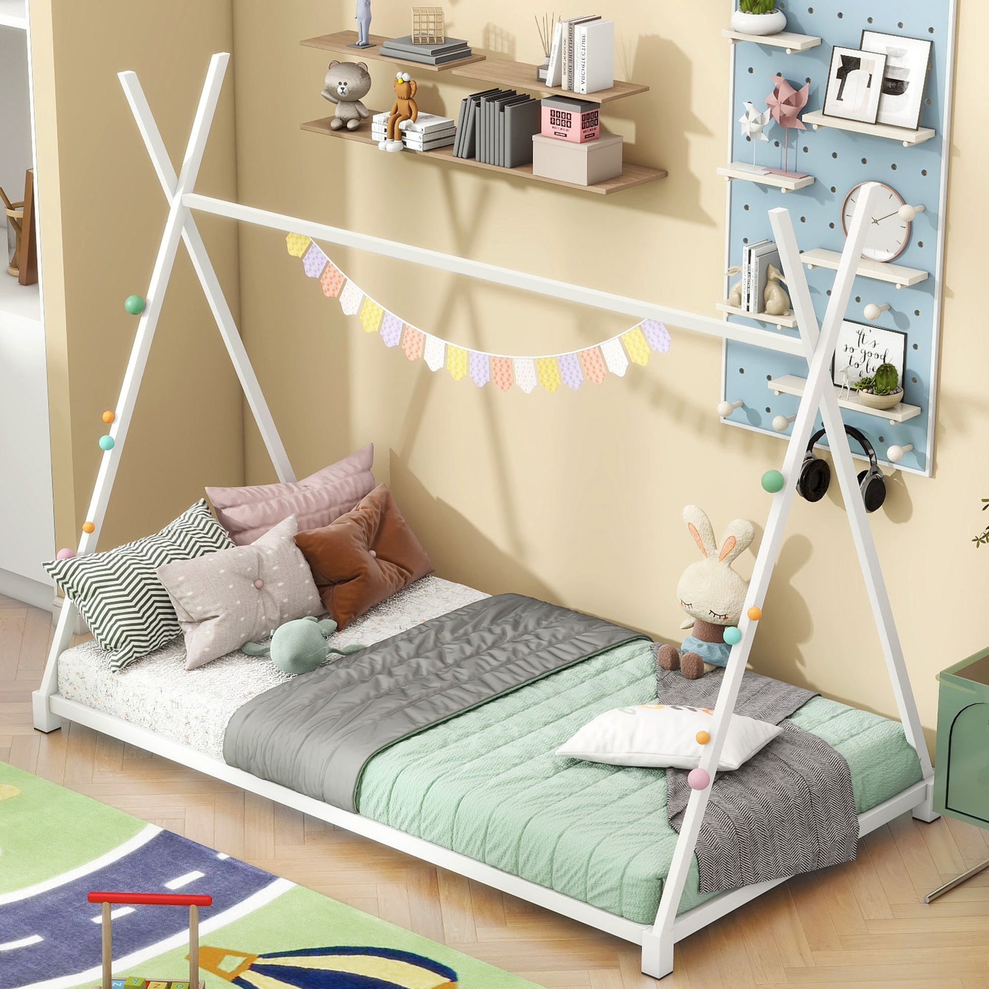 Metal Twin Size House Platform Bed with Triangle Structure  White - Korvel