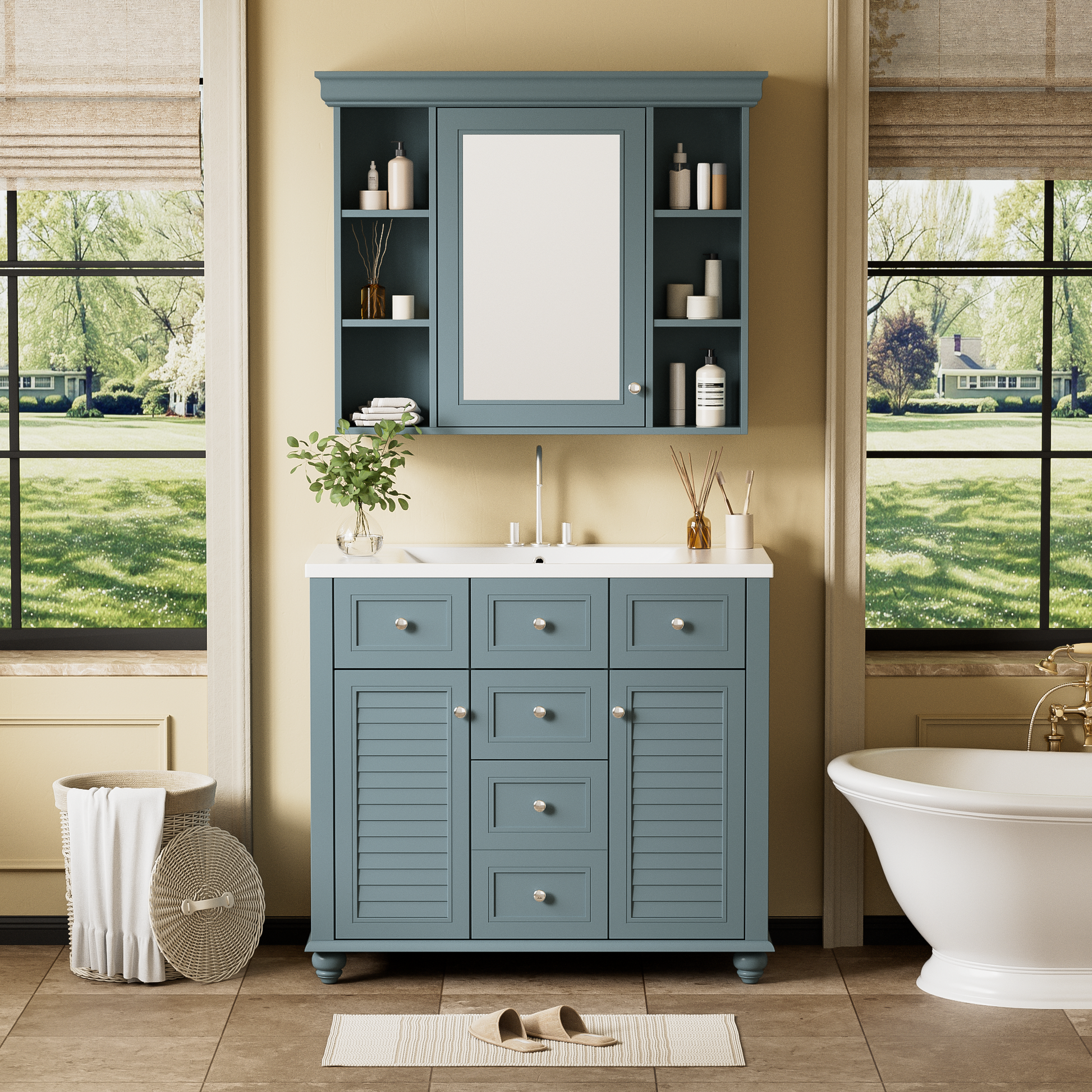 36 inch modern mirror cabinet with adjustable shelves, 2 soft closing doors, and 6 drawer storage cabinet door organizers - Korvel