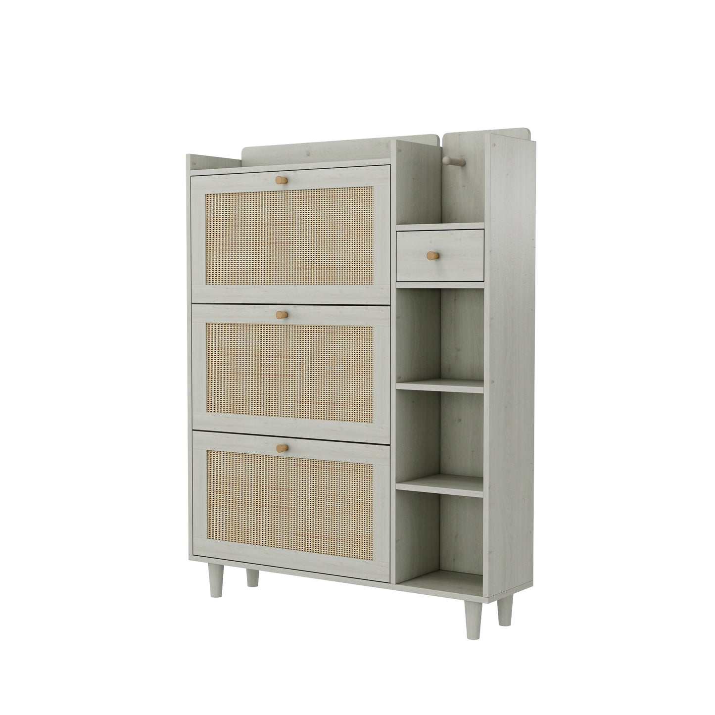 Natural Bohemian style shoe cabinet with 3 rattan flip drawers, 3 square shelves, and 1 storage drawer, white - Korvel