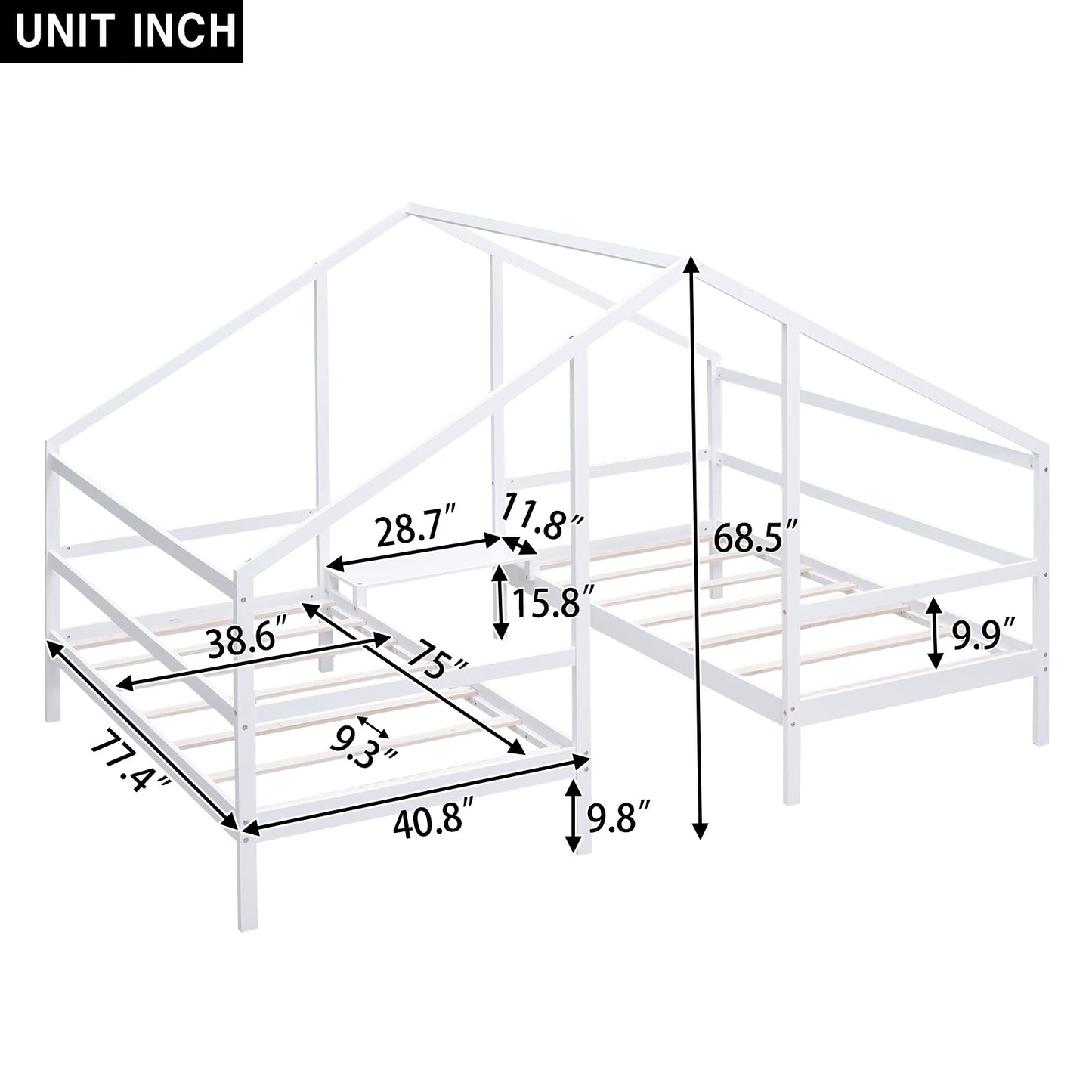 Cama Triangular de Tamaño Doble Twin con Mesa Incorporada - Blanca