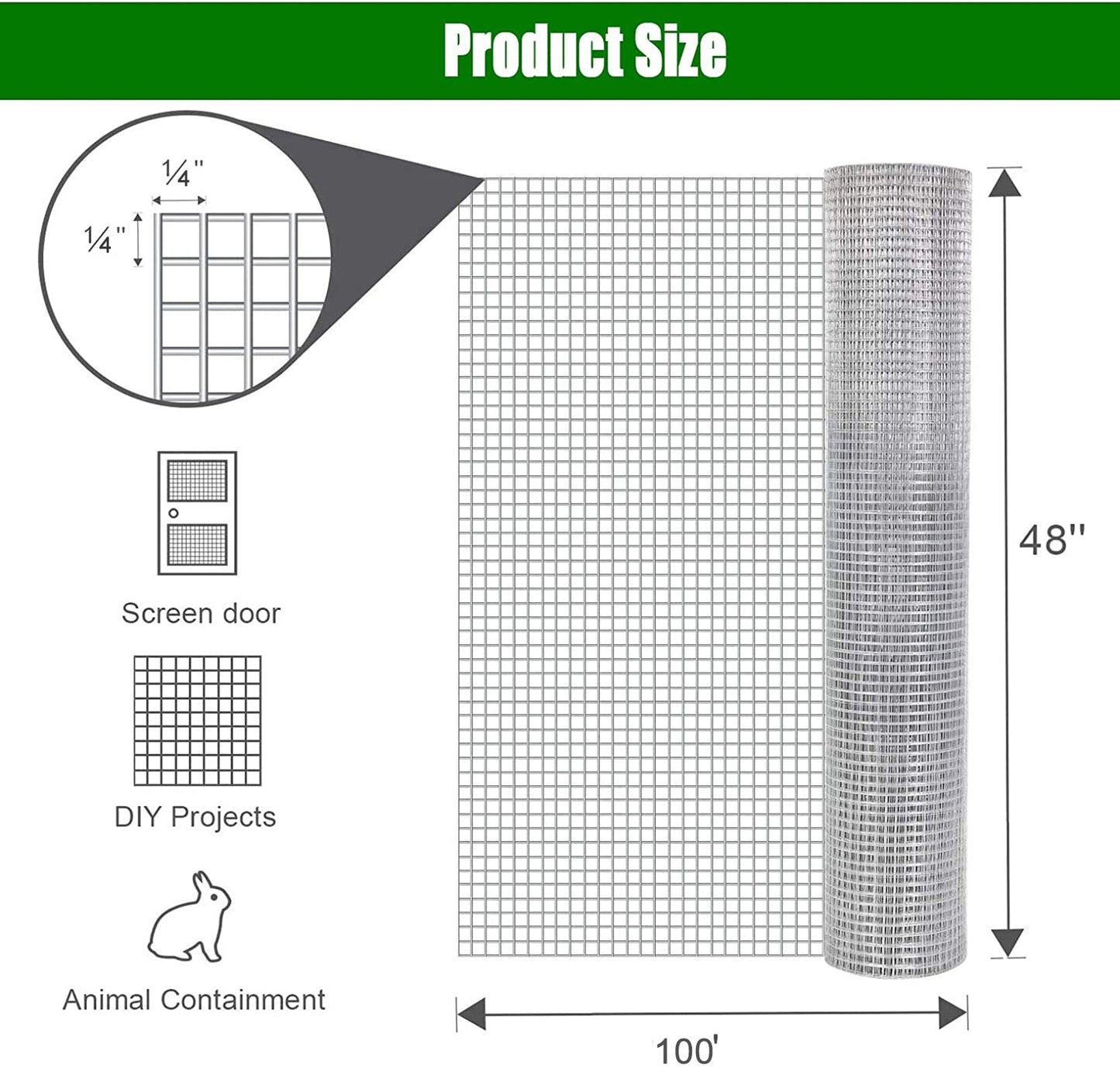 Hardware cloth 1/4 inch 48 inch x 100 foot 23 gauge, hot-dip galvanized welded metal wire fence roll - Korvel