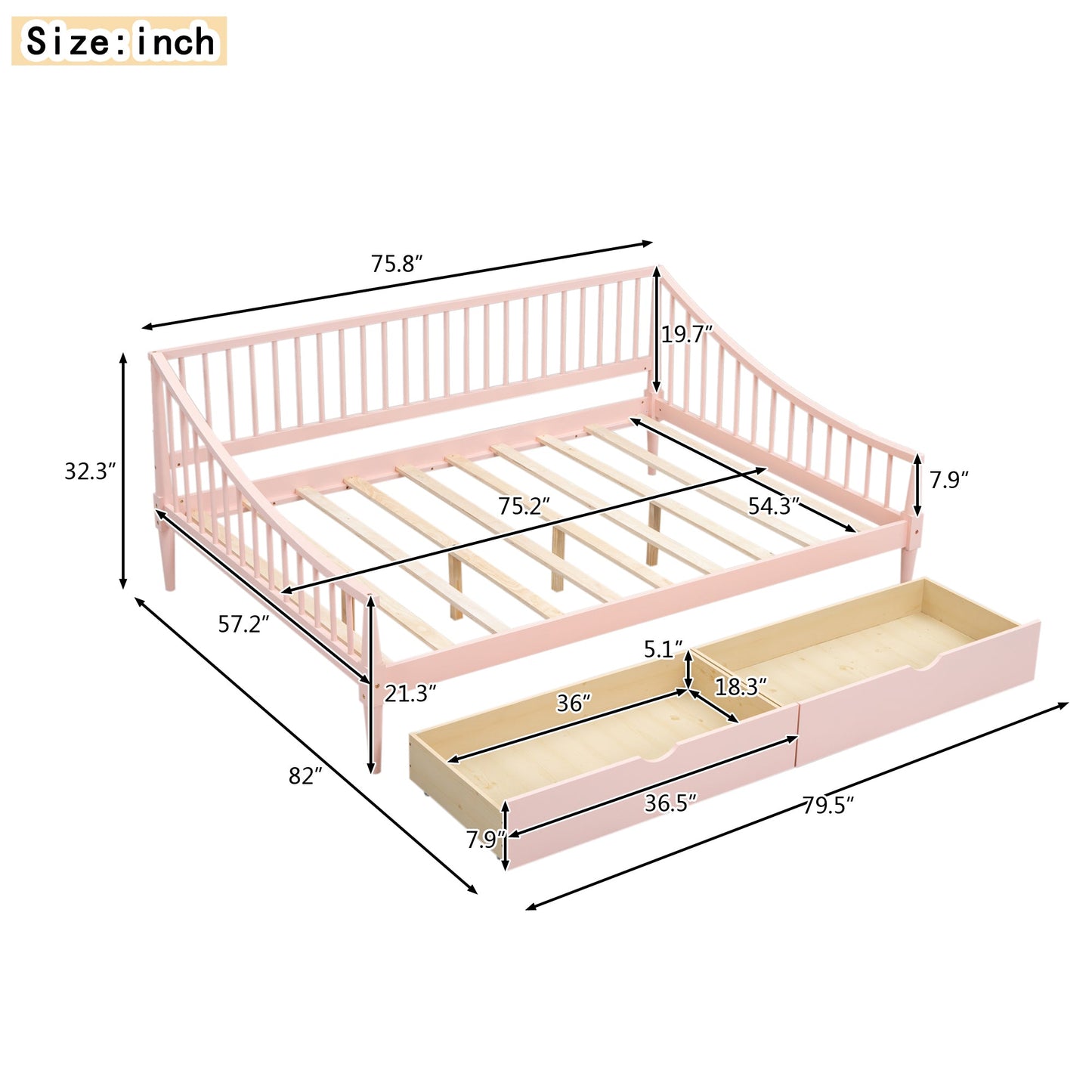 Full Size Daybed with Two Storage Drawers and Support Legs Pink - Korvel