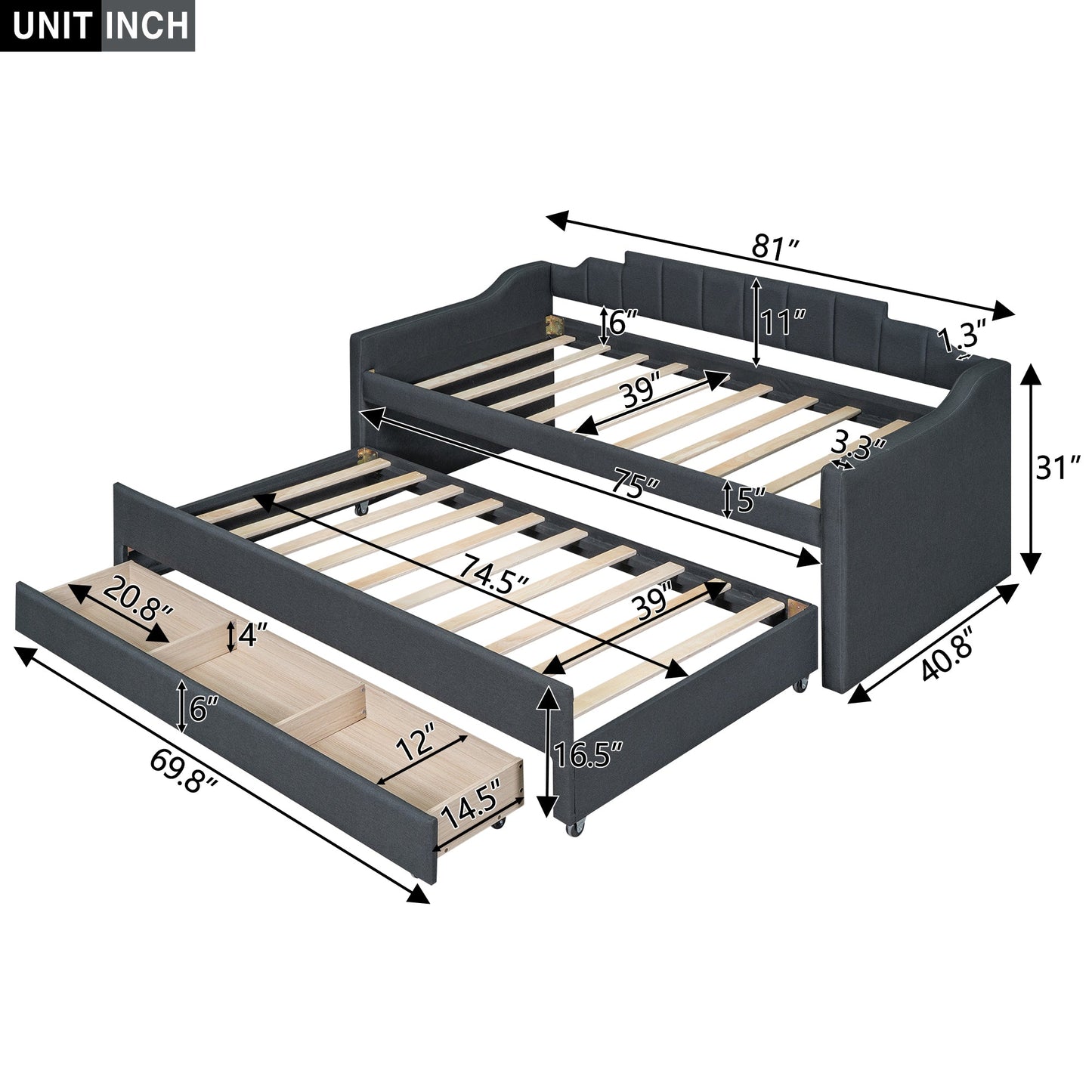 Twin Size Upholstered Daybed with Trundle and Three Drawers Grey - Korvel