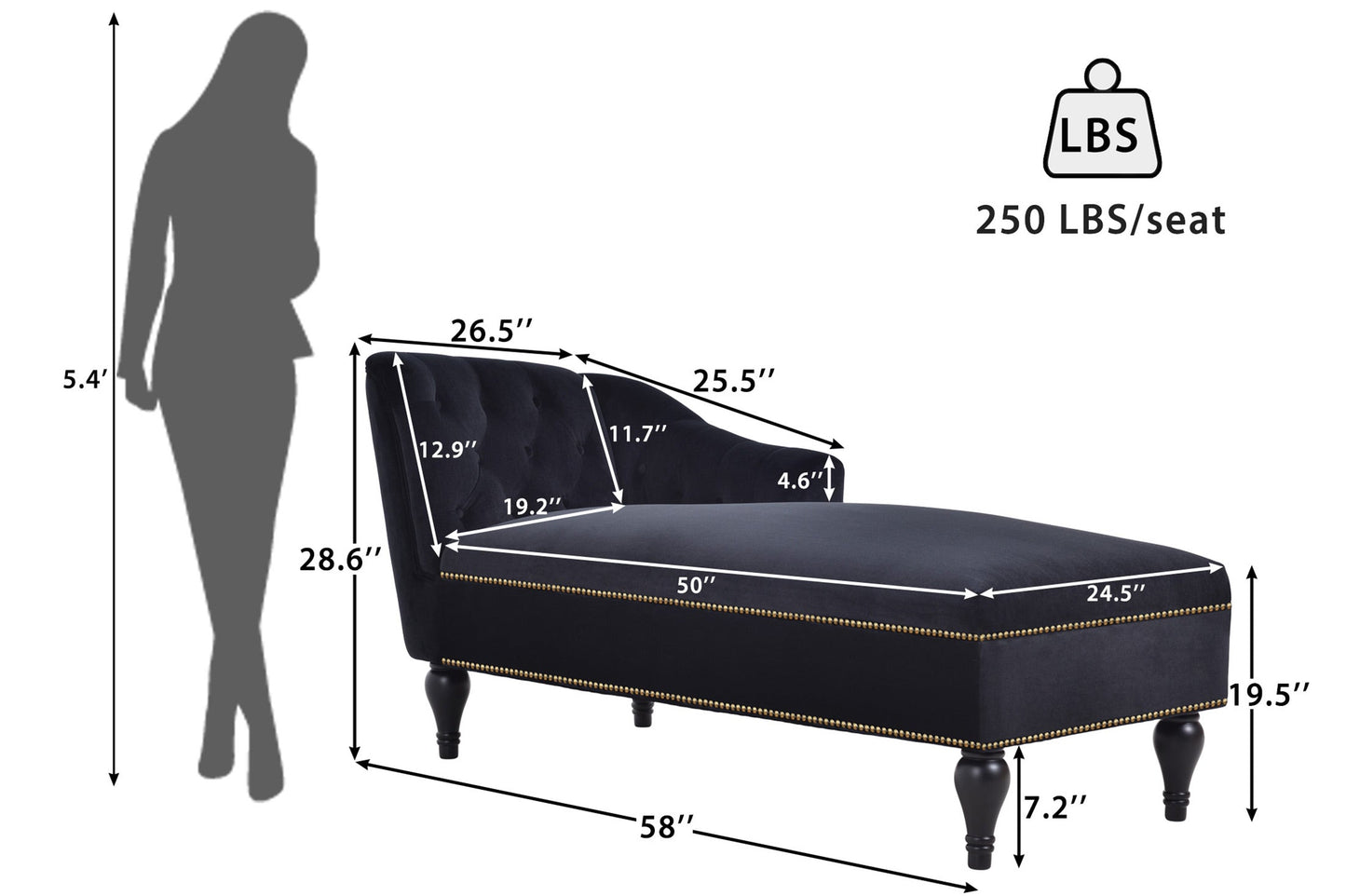 58-Inch Velvet Lounge Chair with Nailhead Trim