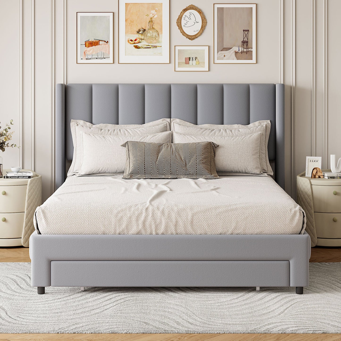 Full Size Storage Bed Velvet Upholstered Platform Bed with a Big Drawer - Gray - Korvel