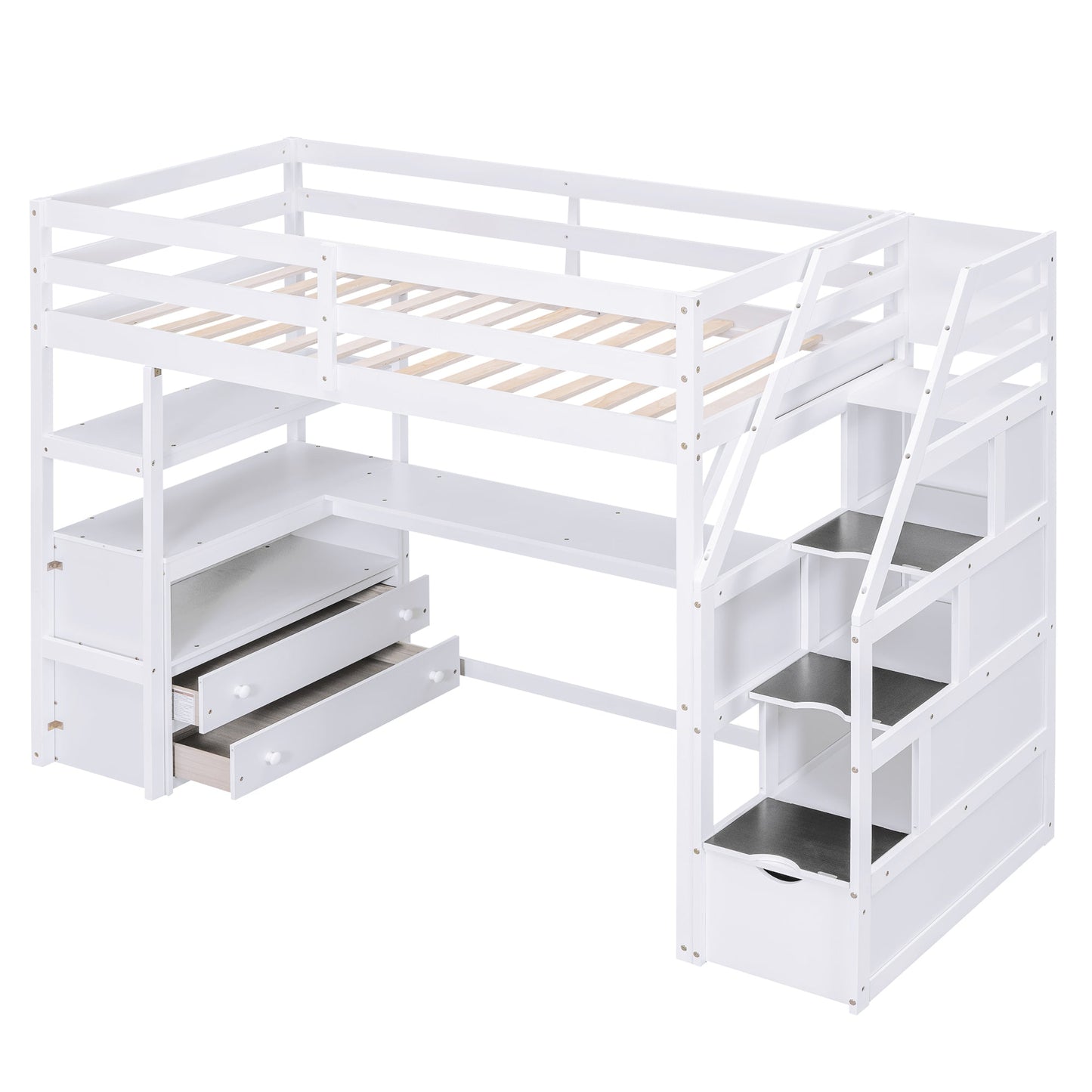 Twin Size Loft Bed with Desk and Shelves  Two Built-in Drawers  Storage Staircase White - Korvel