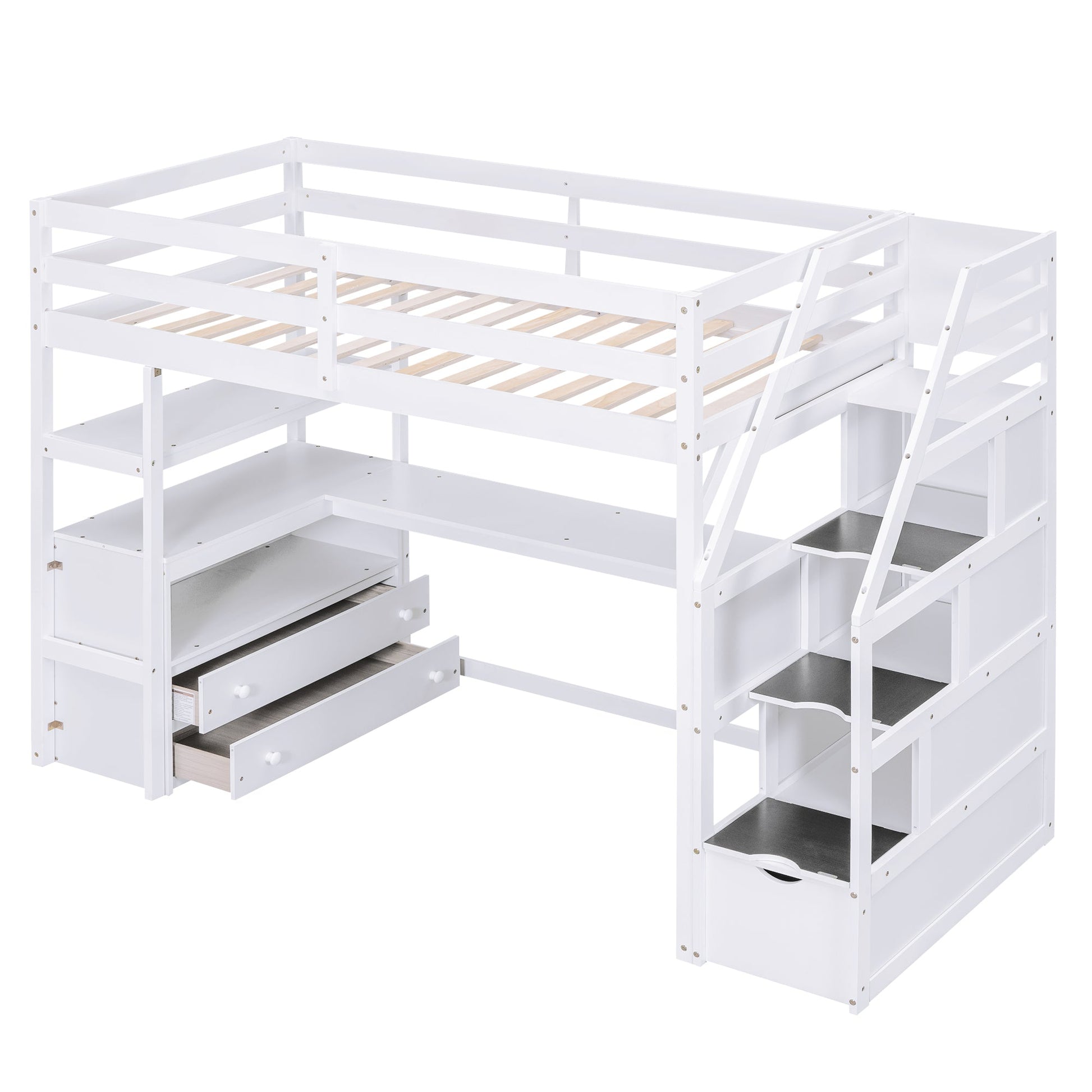 Twin Size Loft Bed with Desk and Shelves  Two Built-in Drawers  Storage Staircase White - Korvel