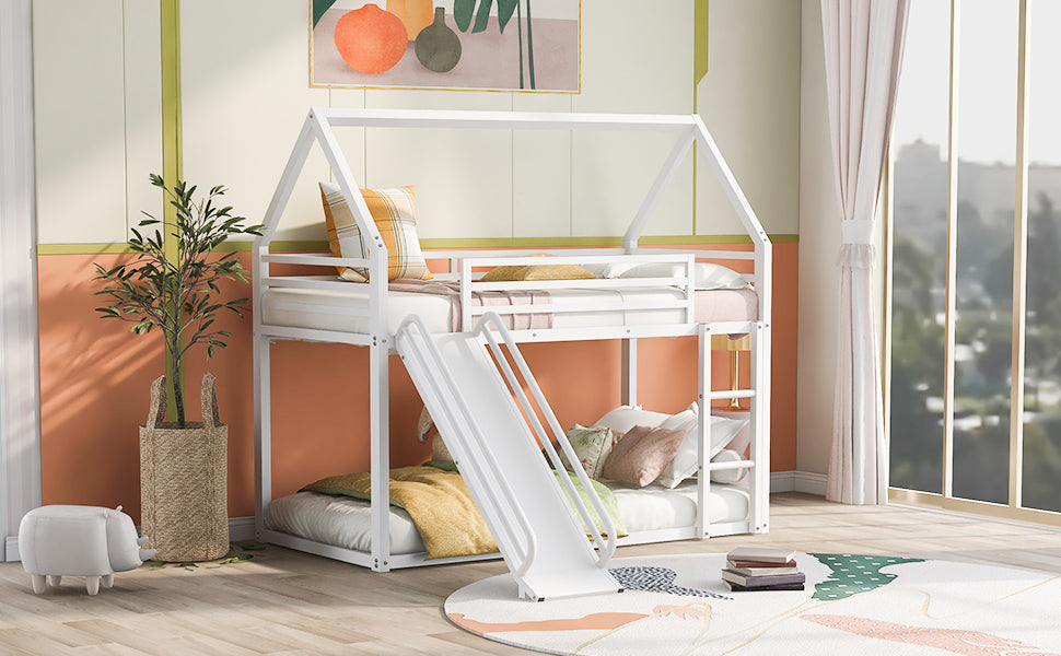 Twin over Twin House Bunk Bed with Ladder and Slide,White - Korvel
