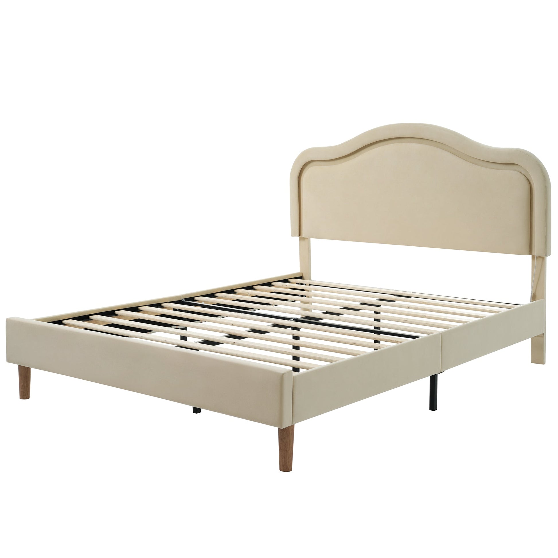Full Size Velvet Upholstered Smart LED Bed Frame with Adjustable Height Headboard,No Box Spring Needed,Easy Assembly,Beige - Korvel