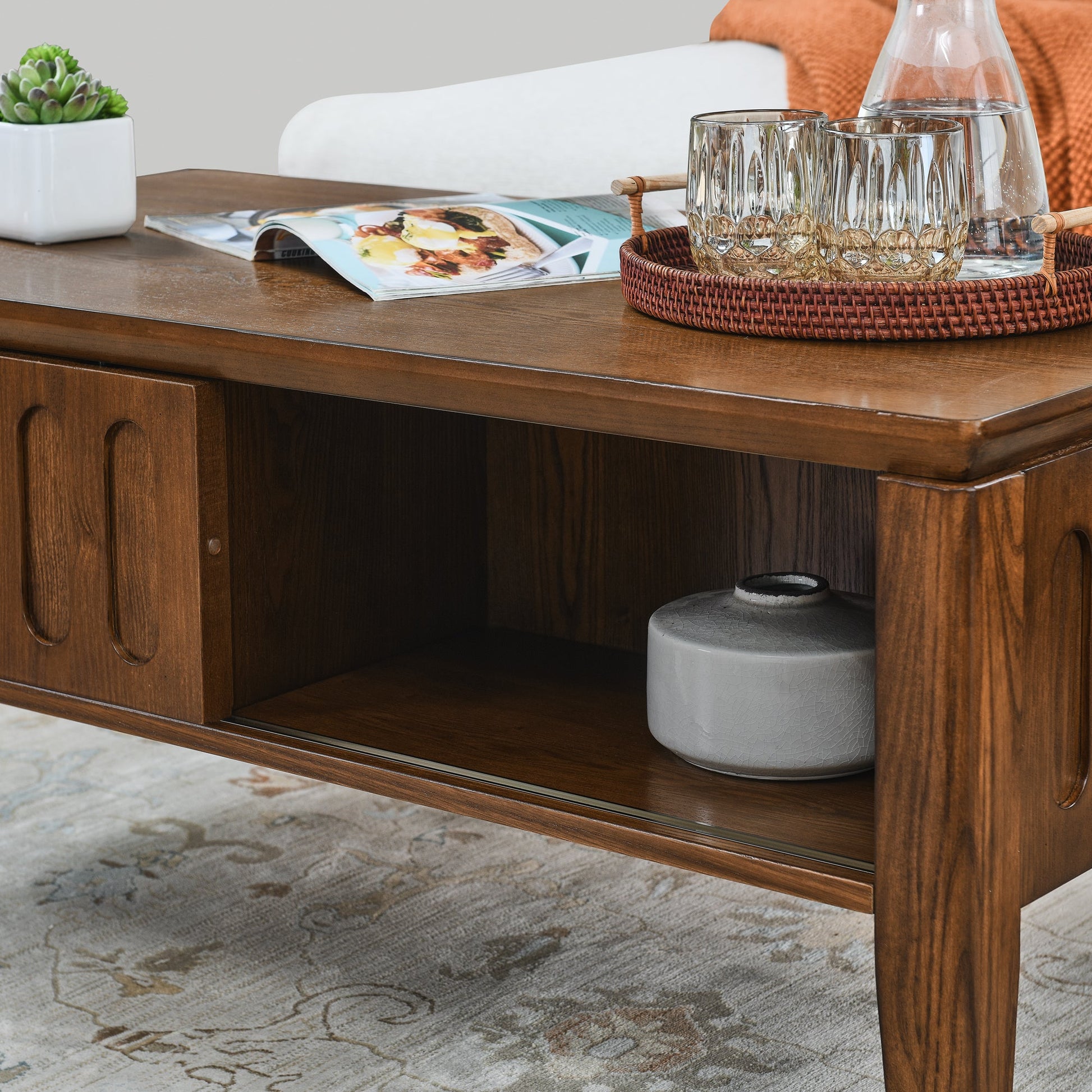Medieval modern flute coffee table with storage sliding door and solid wood legs, vintage farmhouse wood central table - Korvel