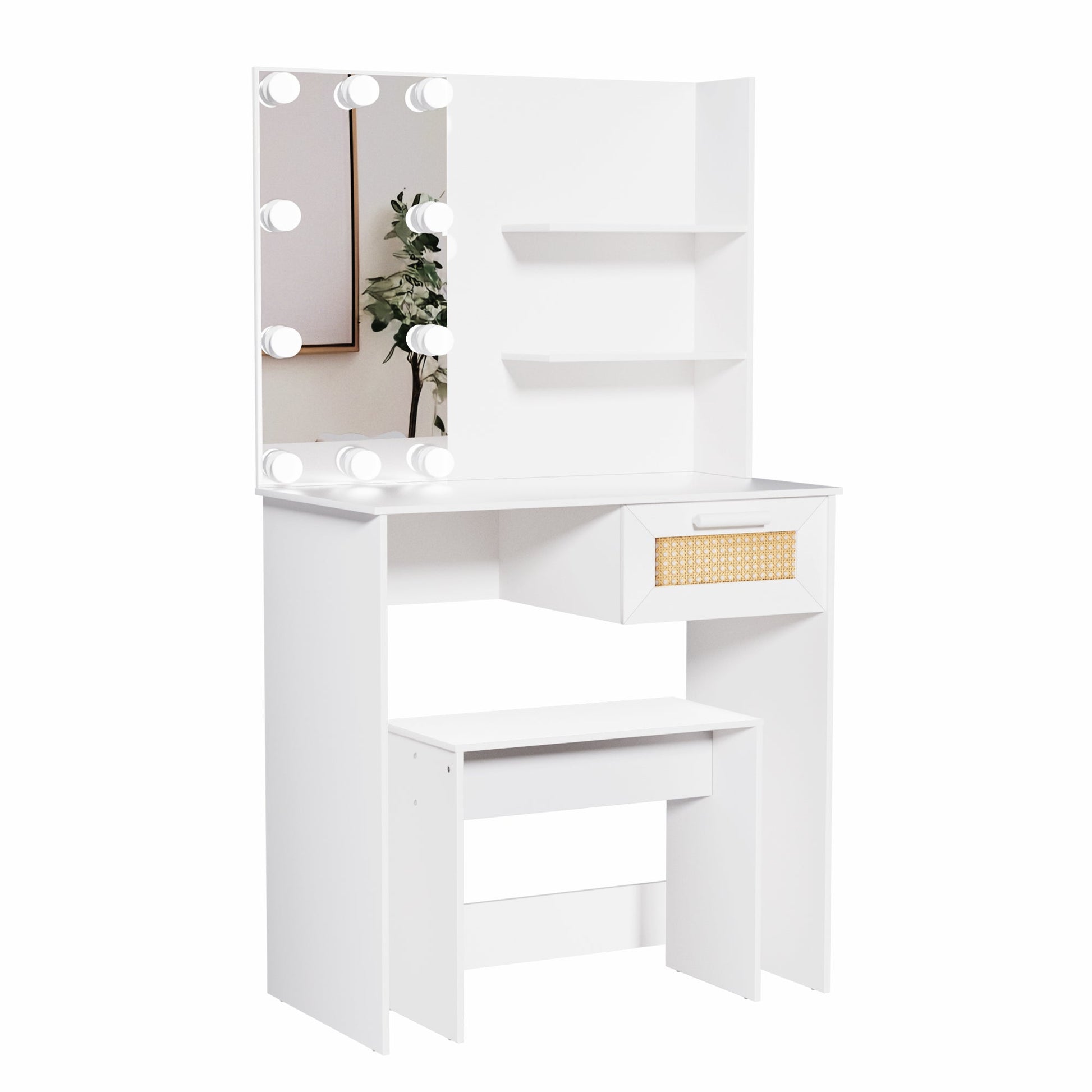 Vanity Desk Set Stool & Dressing Table with LED Lighting Mirror Drawer and Wood Cosmetic Table Chest of Drawers White Color - Korvel