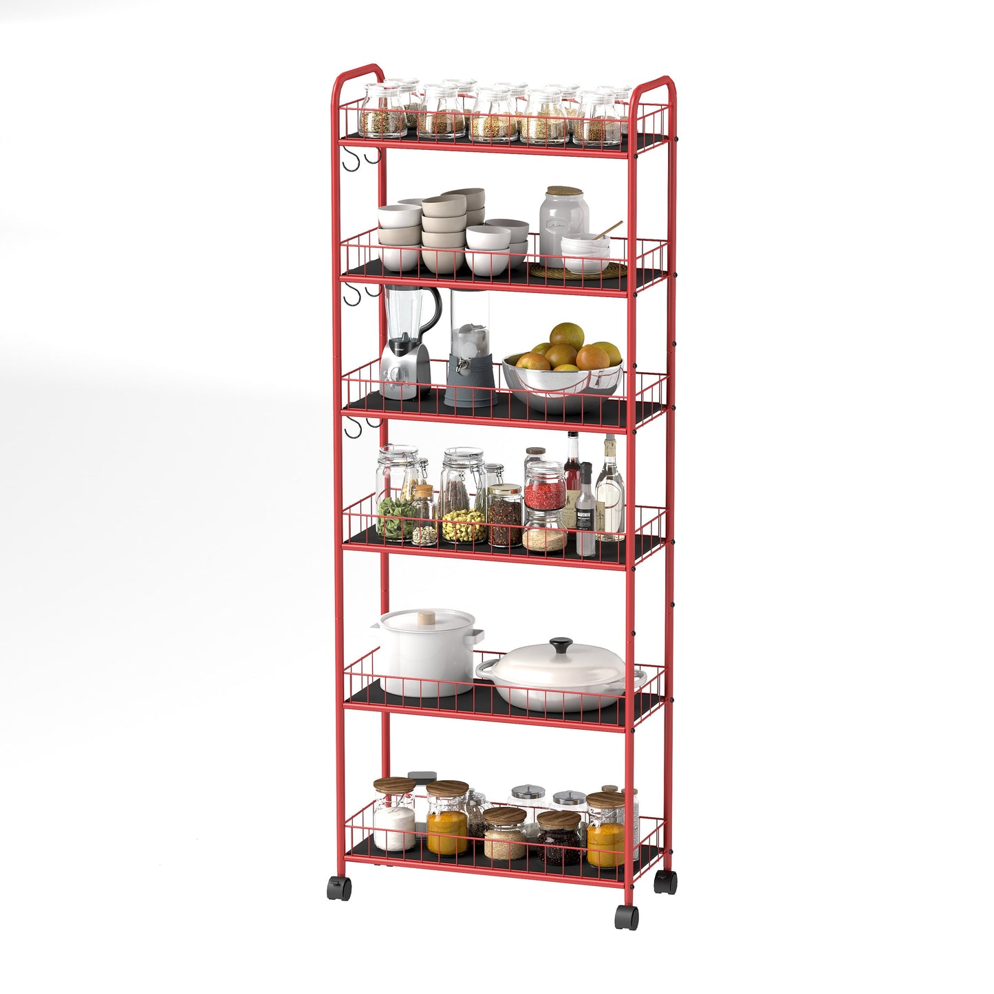 Red 6-story ultra-thin rolling storage cart, mobile shelves with wheels, metal wire storage rack with baskets - Korvel