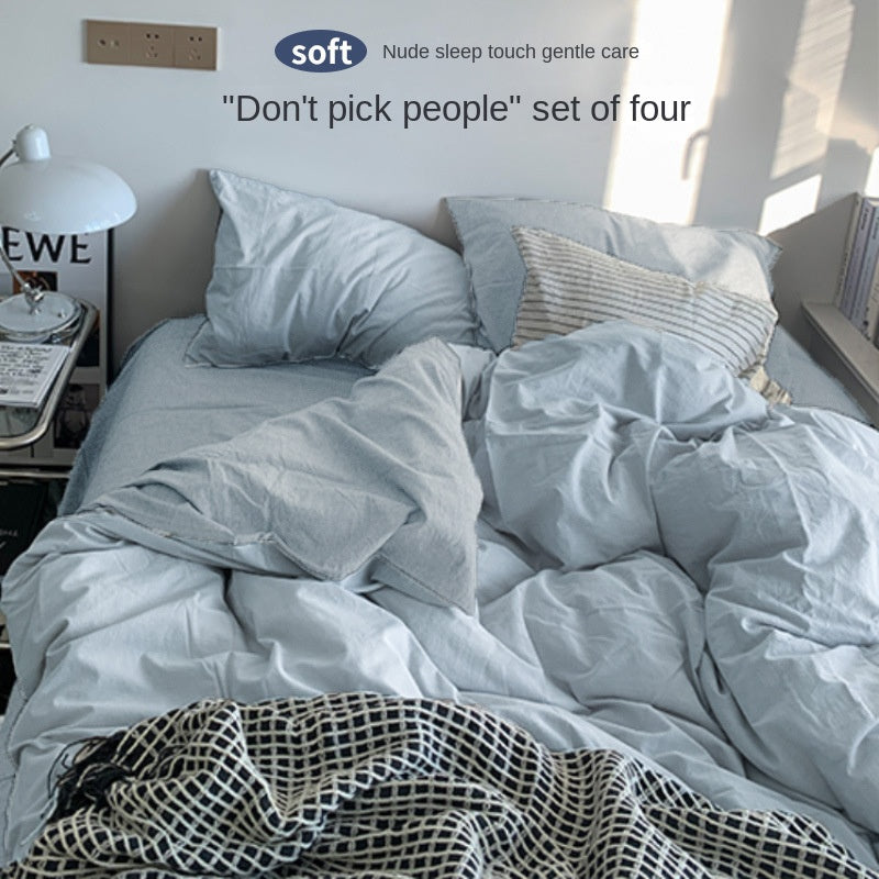 Solid Color Simple Four-Piece Set Flannel Quilt Cover INS Style Quilt Cover Dormitory Summer Washed Cotton Bedding Three-Piece Set - Korvel