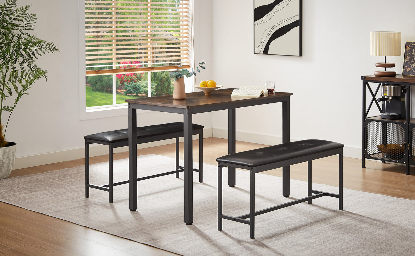 Dining Table Set Barstool Dining Table (with 2 PU Upholstered Benches) Industrial Style Dining Table and Chairs - Korvel