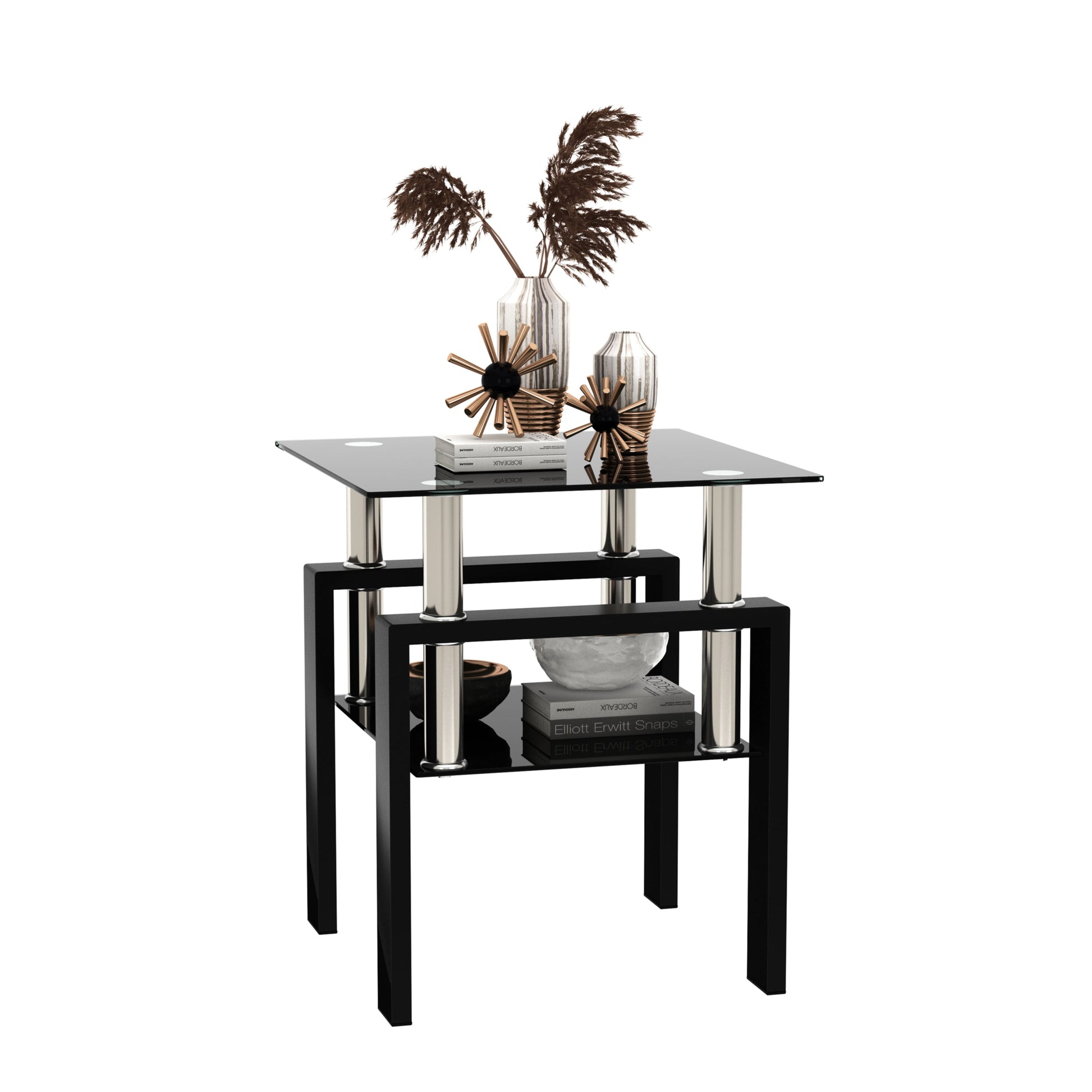 1-Piece Modern Tempered Glass Tea Table Coffee Table End Table, Square Table for Living Room, Black - Korvel