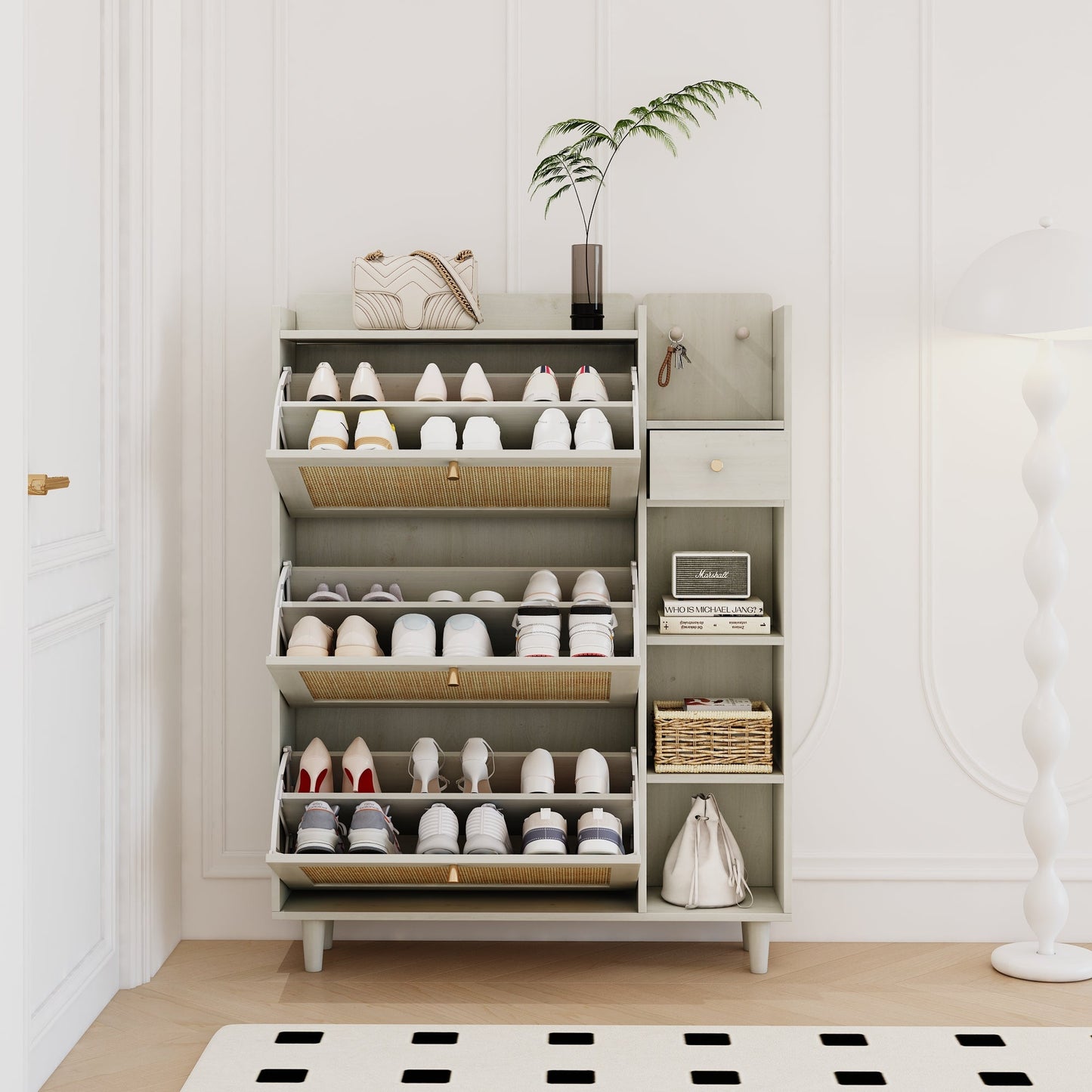 Natural Bohemian style shoe cabinet with 3 rattan flip drawers, 3 square shelves, and 1 storage drawer, white - Korvel