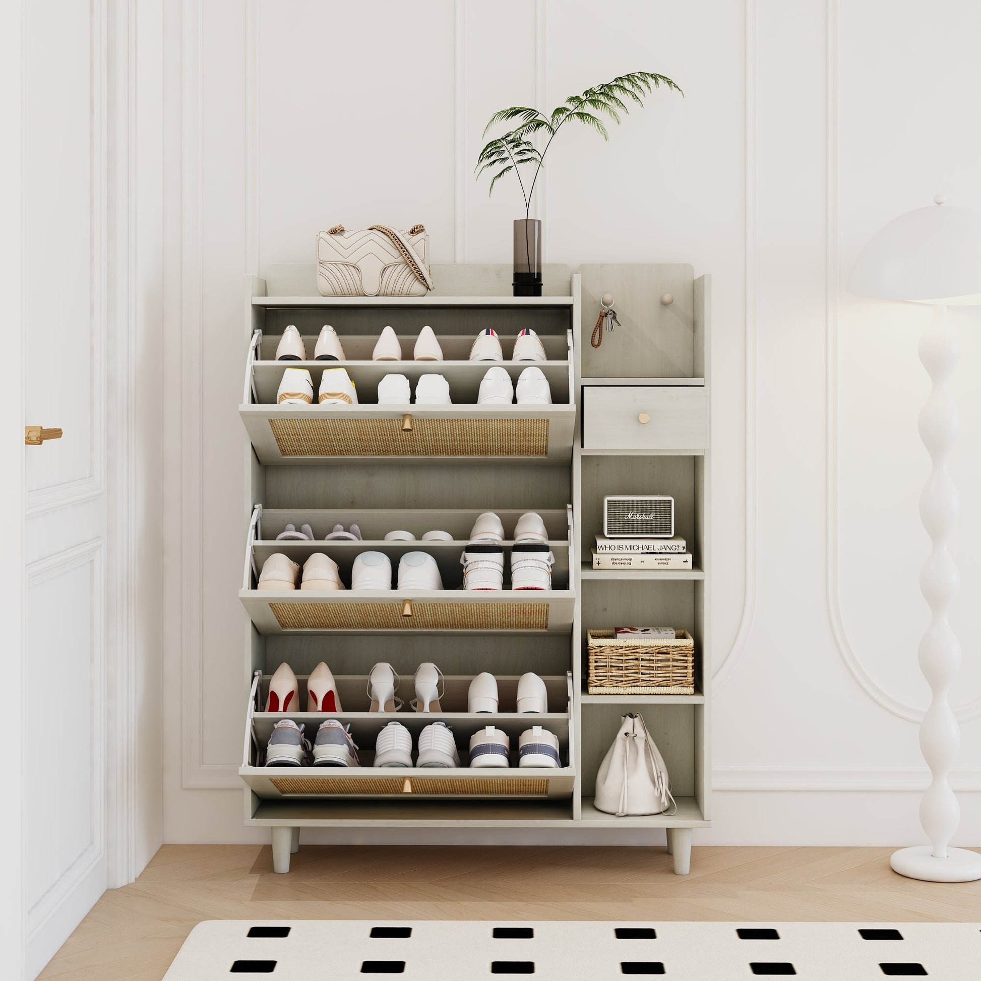 Natural Bohemian style shoe cabinet with 3 rattan flip drawers, 3 square shelves, and 1 storage drawer, white - Korvel