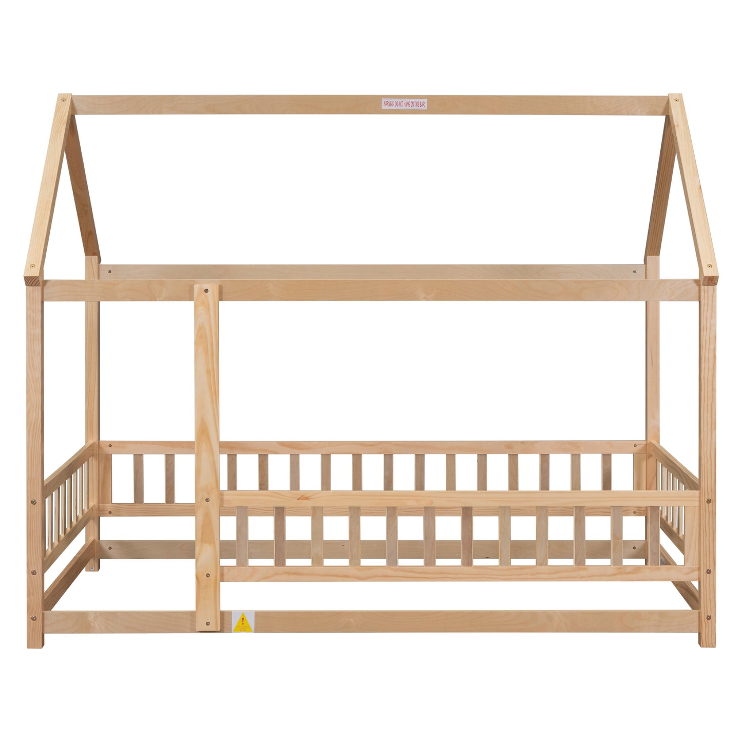 Lit en bois taille twin avec cadre de toit de maison et barrières de sécurité