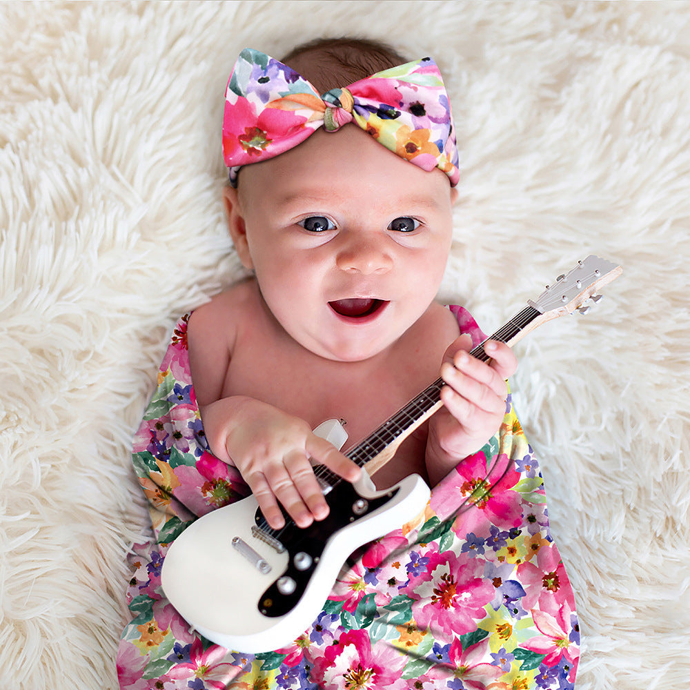 Newborn Photography Wrap Bow Hair Band Wrap Towel Set Baby Flower Blanket 2 Piece Set - Korvel