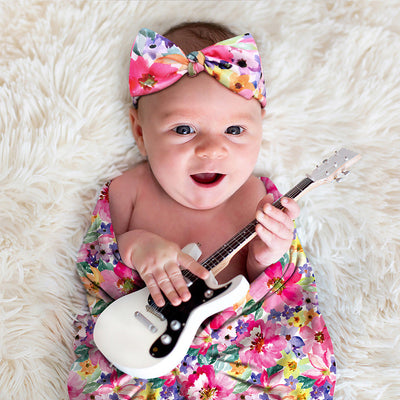 Newborn Photography Wrap Bow Hair Band Wrap Towel Set Baby Flower Blanket 2 Piece Set - Korvel