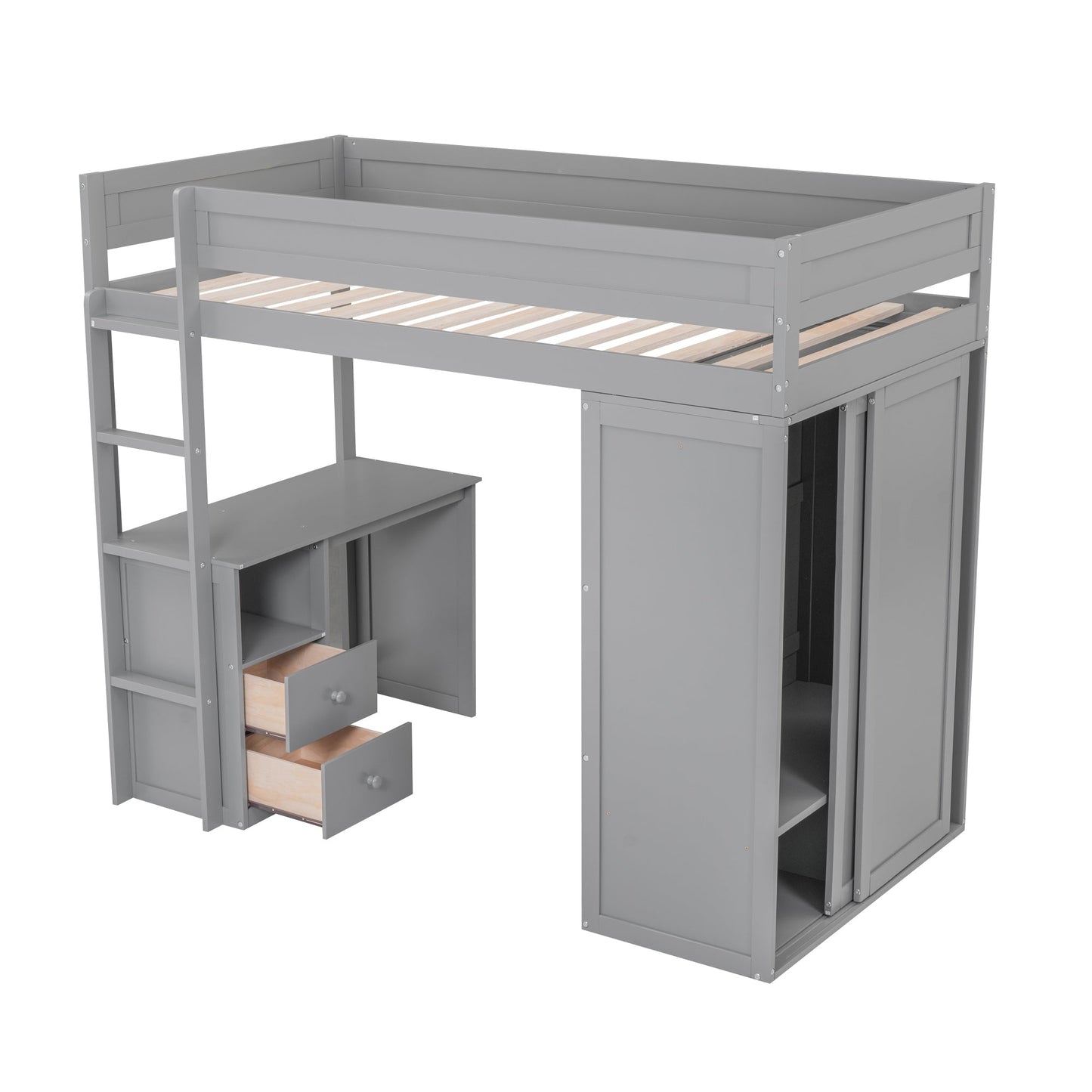 Wood Twin Size Loft Bed with Wardrobes and 2-Drawer Desk with Cabinet Gray - Korvel