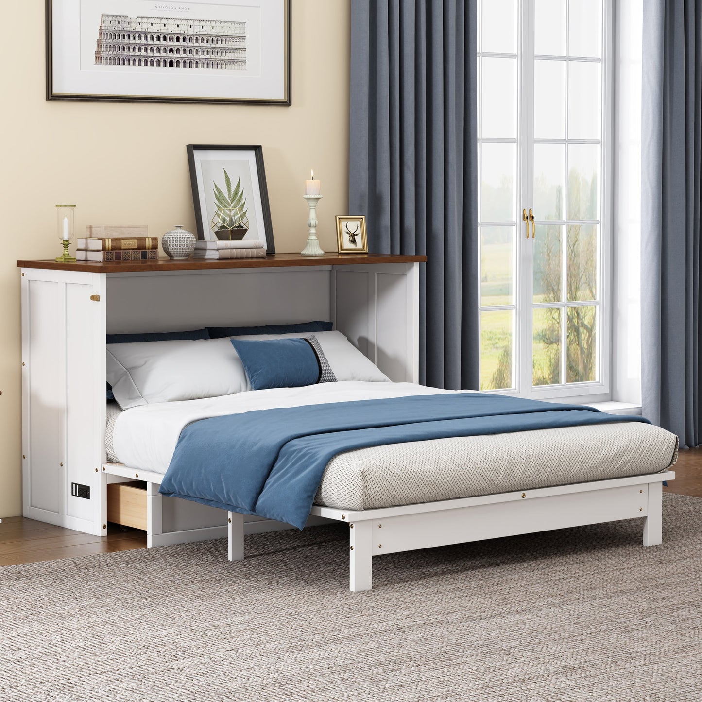 Solid Pine Murphy Bed Chest with Charging Station and Large Storage Drawer for Home Office or Small Room , Queen, White+Walnut - Korvel