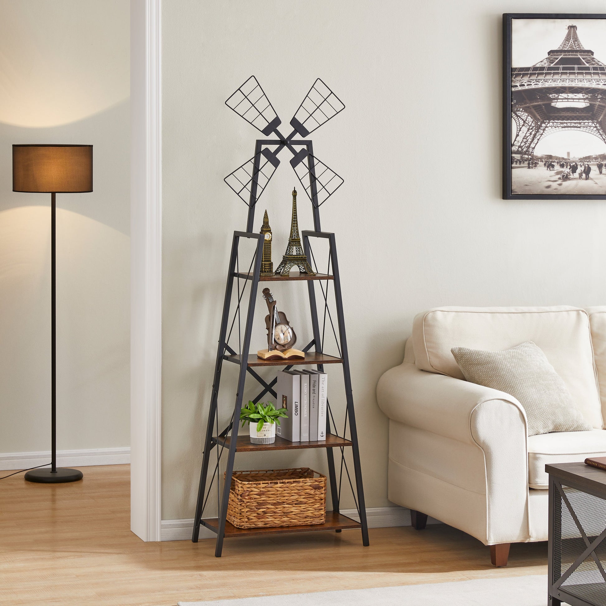 4-Tier Narrow Book Shelf, Bookcase for Home Office, Living Room, Bedroom, Kitchen, Rustic Brown and Black - Korvel