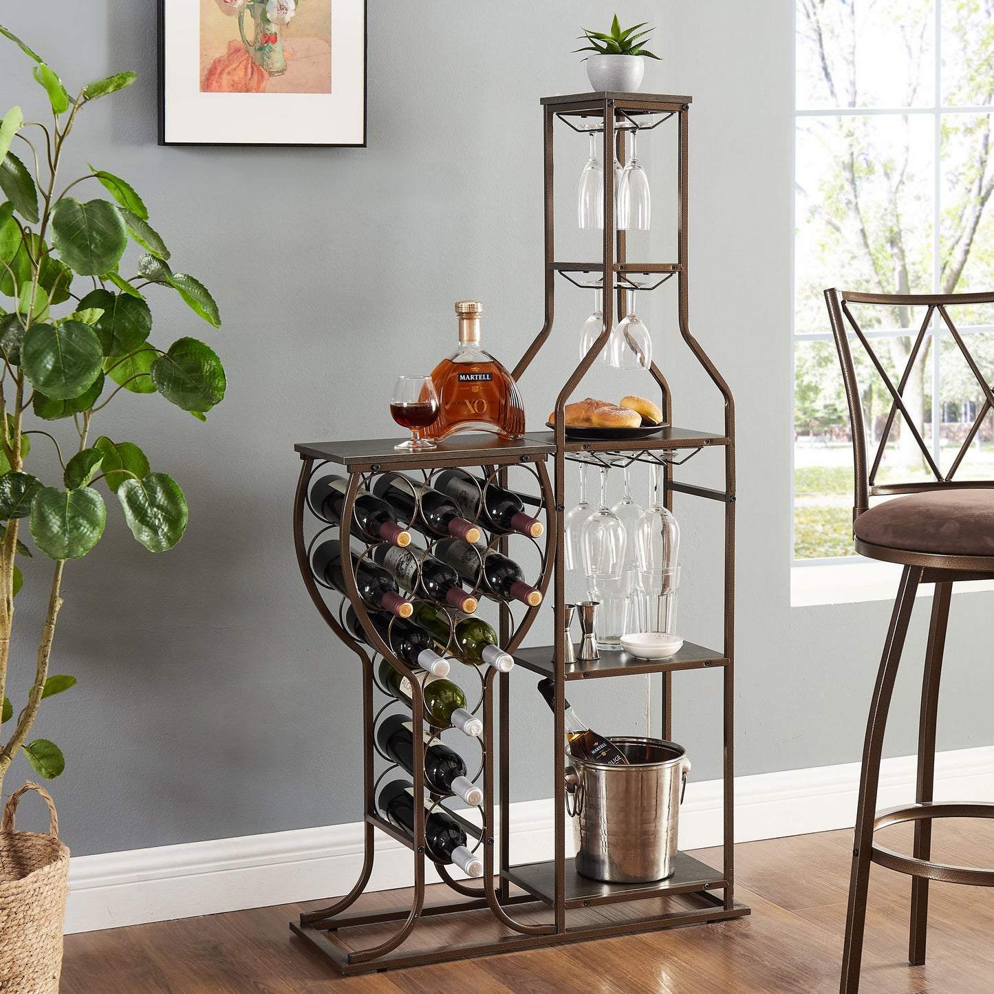 Elegant Grey 11-Bottle Wine Rack with Glass Holder