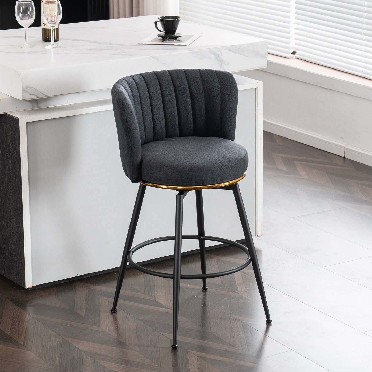 A set of 2 gray rotating bar stools - high backrest, adjustable, with elegant metal backrest decoration - Korvel