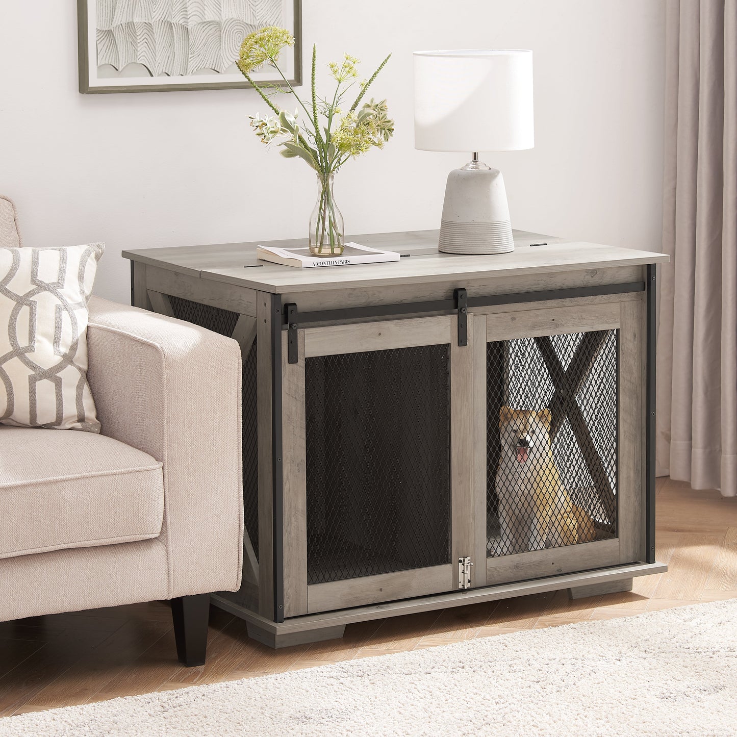 Farmhouse Dog Cage Crate Furniture with Sliding Barn Door, Farmhouse Wooden Dog Kennel End Table with Flip-top Plate Dog House - Korvel