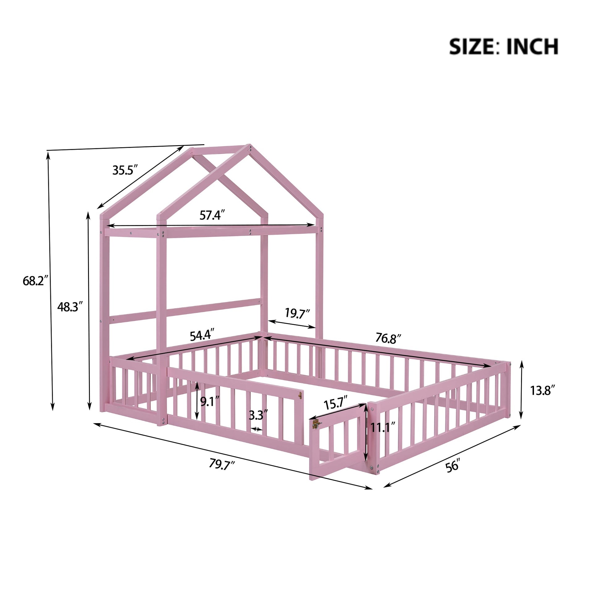 Wooden Full Size Children's Bed with Detachable Headboard and Integrated Clothes Drying Rack, Pink - Korvel