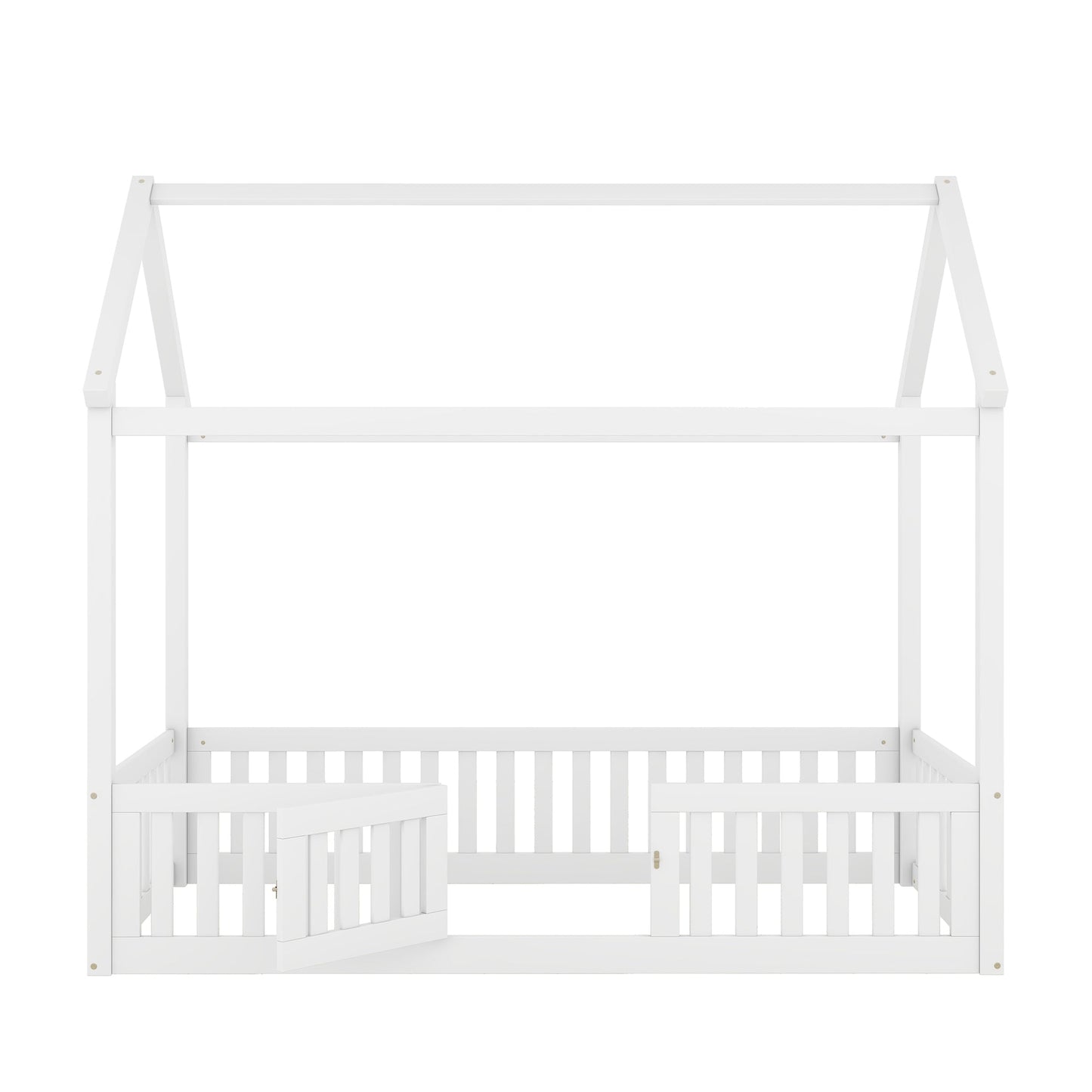 Twin Size Wood House Bed with Fence and Door, White - Korvel