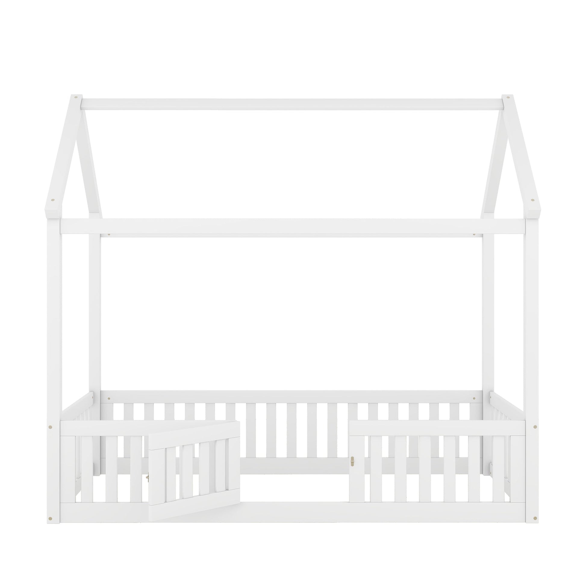 Twin Size Wood House Bed with Fence and Door, White - Korvel