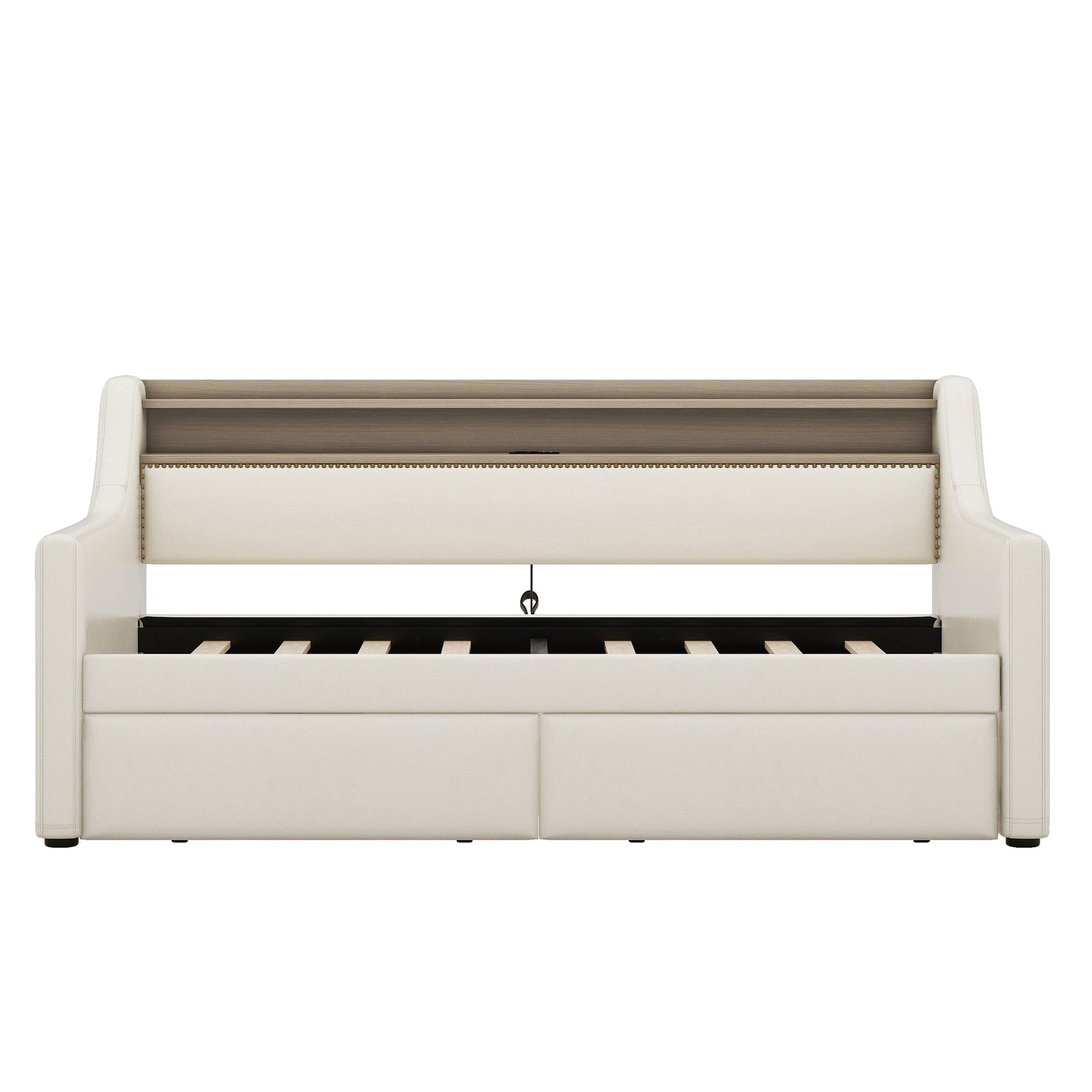 Twin Size Daybed with Storage Drawers, Upholstered Daybed with Charging Station and LED Lights, Beige - Korvel