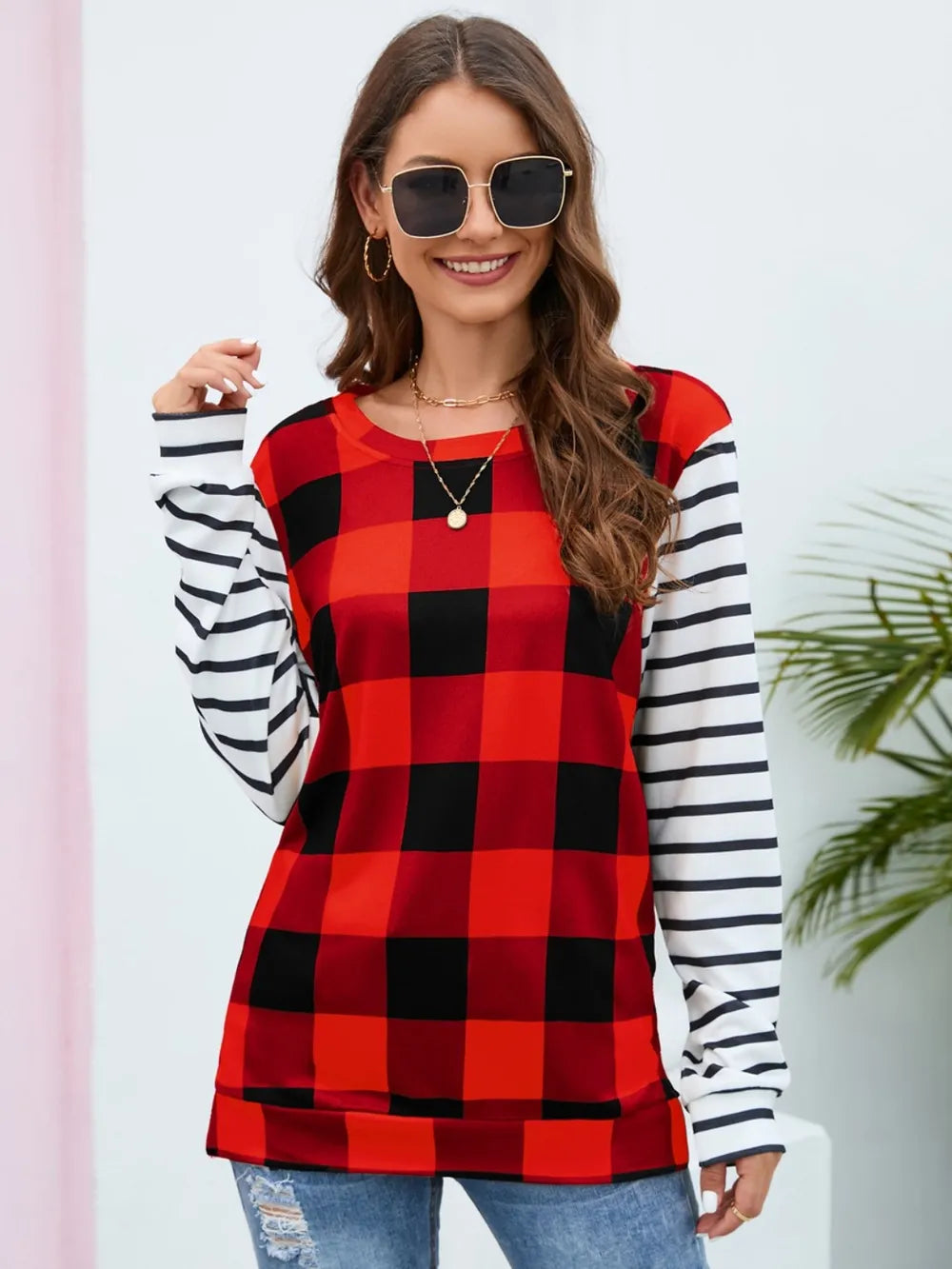 Plaid Striped Round Neck Long Sleeve T-Shirt - Korvel