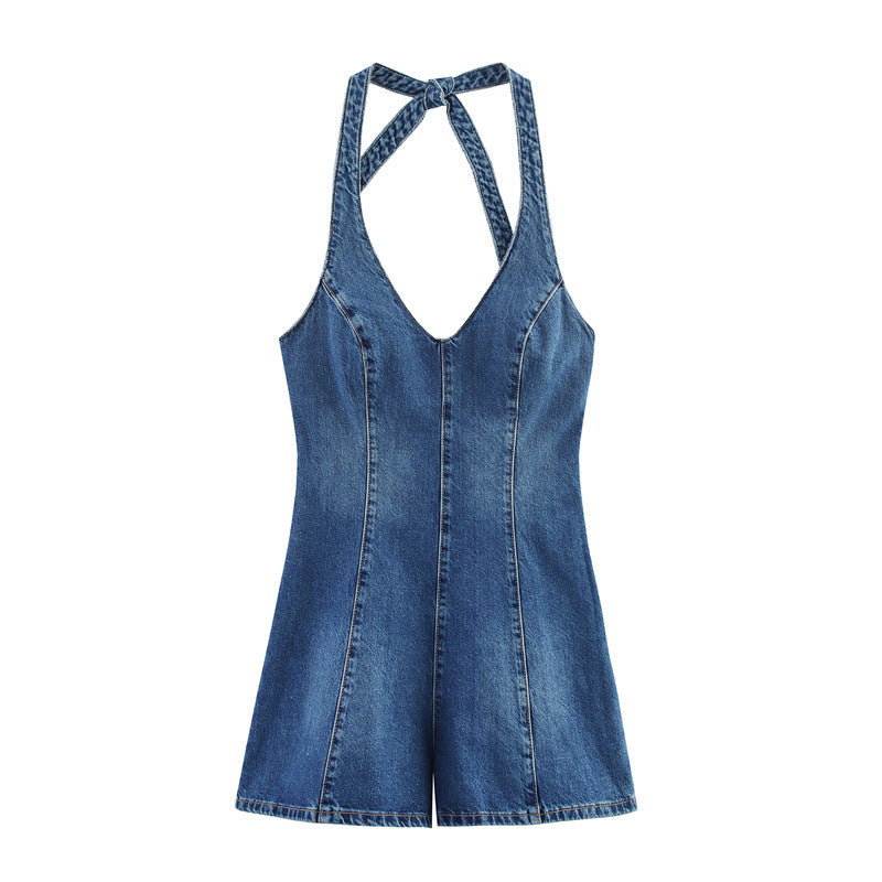 Mono de mezclilla halter chic para mujeres