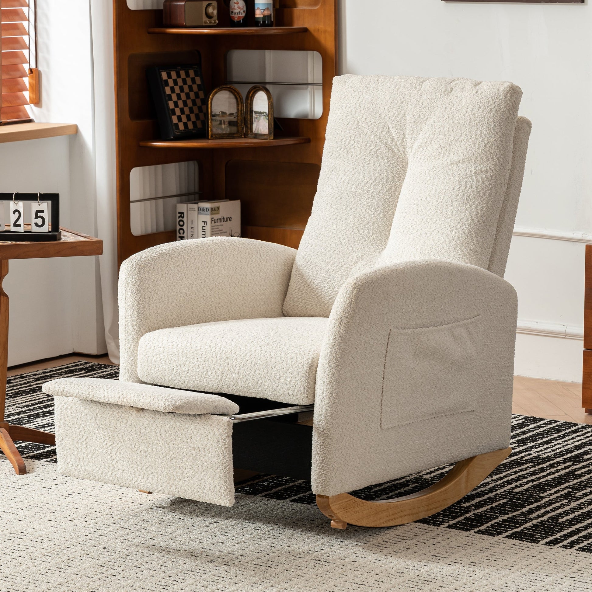 Accent Rocking  Chair with Footrest High Back Rubber Wood Rocking Legs Bedroom Living Space - Korvel