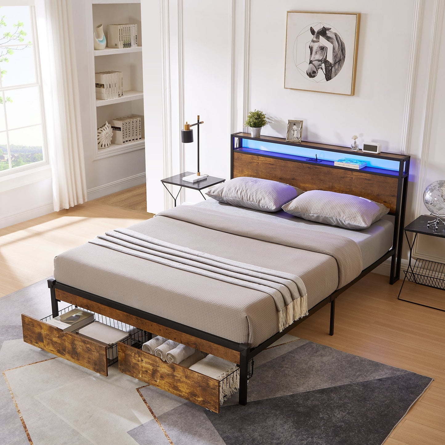 Large metal bed frame with wooden headboard and USB foot pedal, charging station, 2 drawers, LED lights, no need for box spring - Korvel