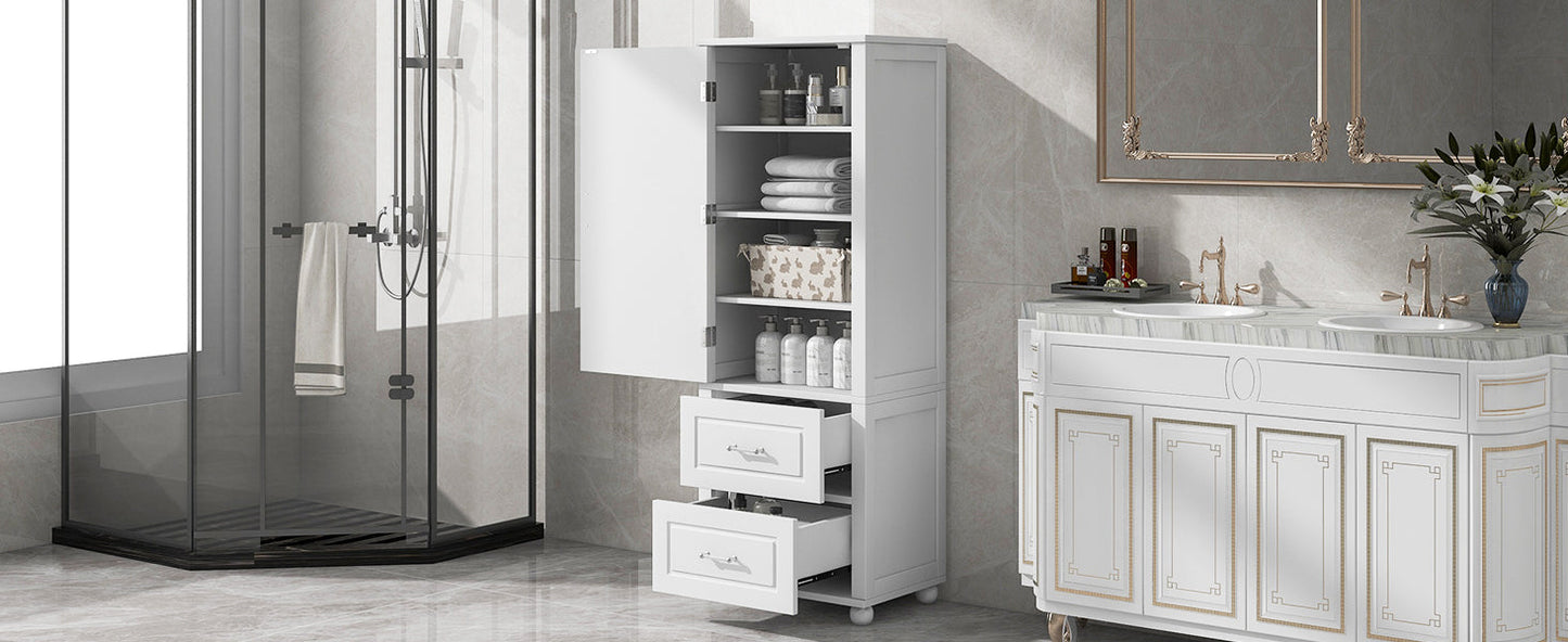 Tall bathroom storage cabinet with two drawers and adjustable shelves for independent storage - Korvel