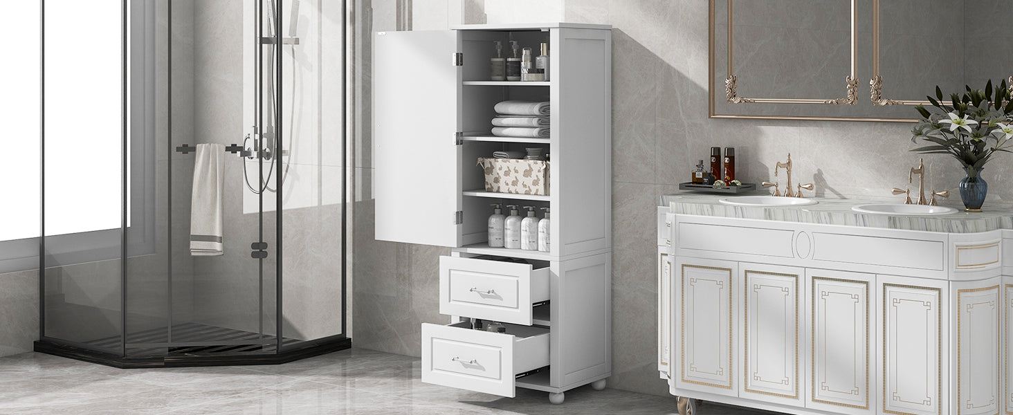 Tall bathroom storage cabinet with two drawers and adjustable shelves for independent storage - Korvel