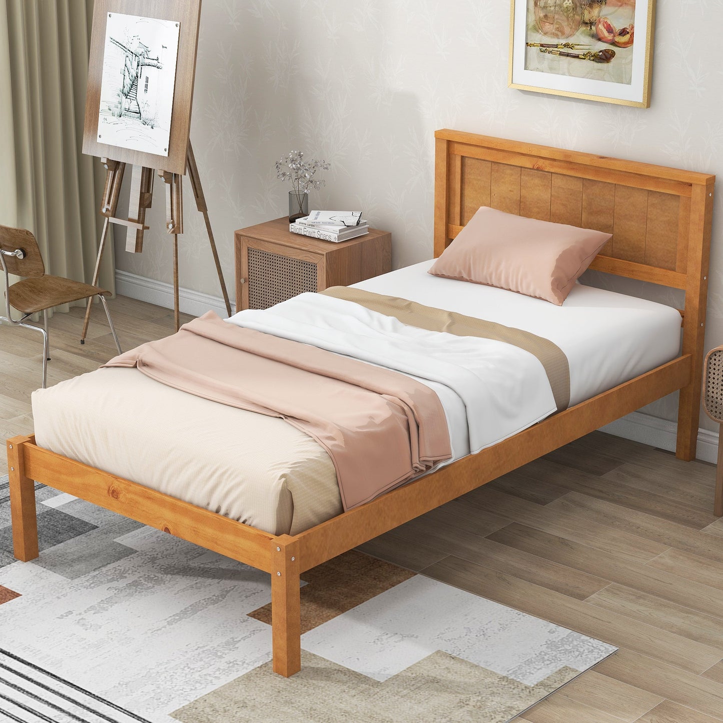 Elegant Twin Platform Bed Frame with Headboard - Oak Finish