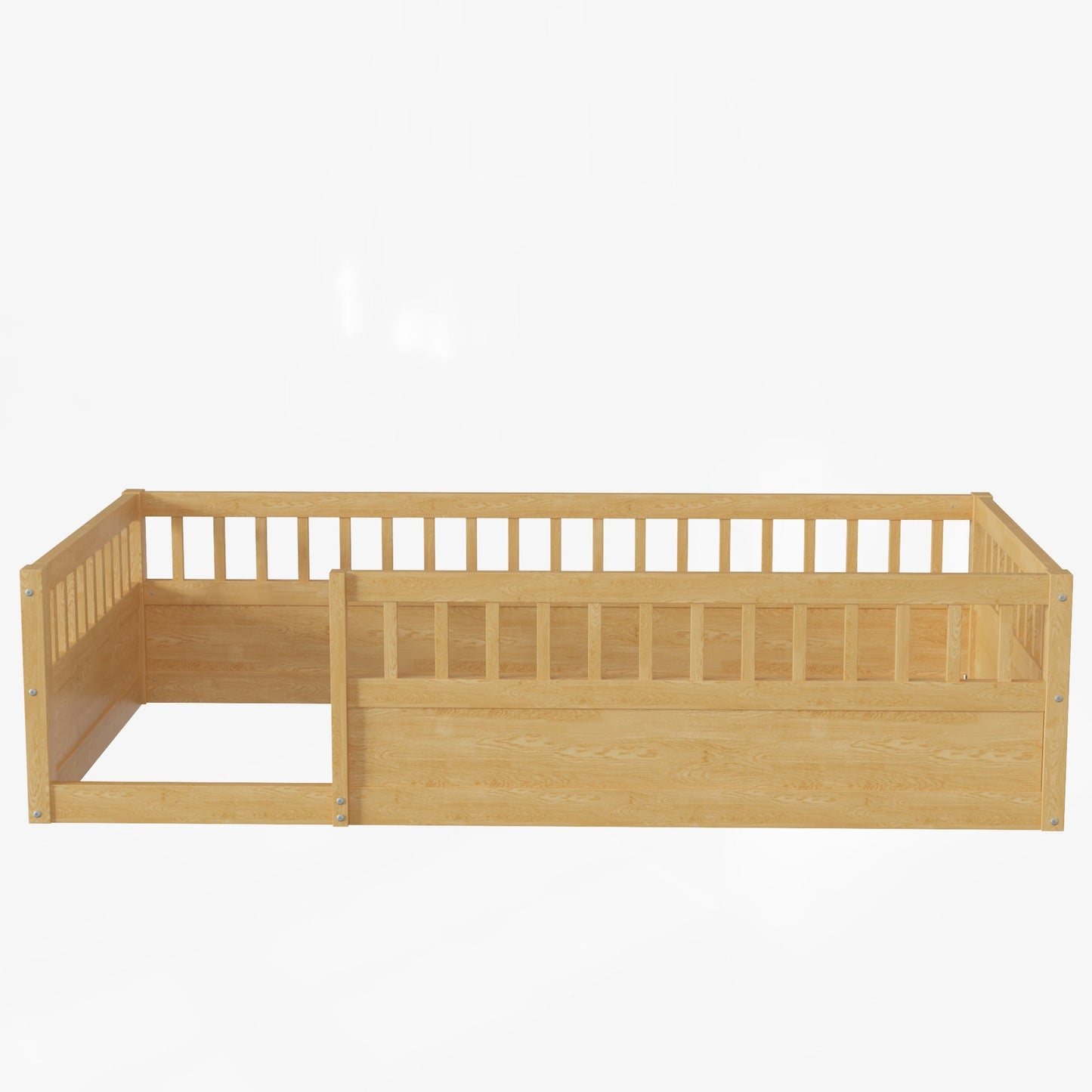 Twin Floor Bed Frame with Fence, Wood Kids Floor Beds Frame for Bedroom Playroom,Natural - Korvel