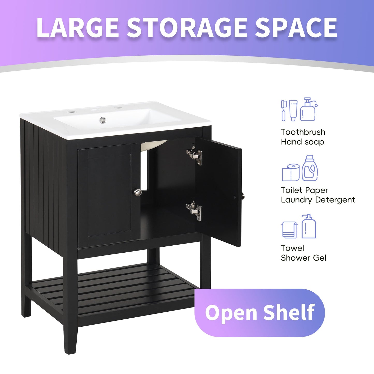 Meuble de salle de bain moderne noir de 24" avec évier en céramique élégant