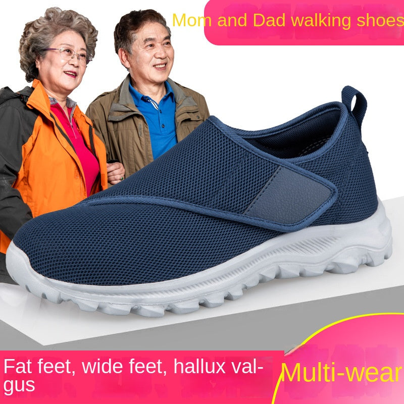 Elderly shoes men's chubby feet swollen feet, special health shoes sports shoes single buckle with dad's shoe mesh - Korvel