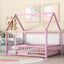 Full Size Floor Wooden Bed with House Roof Frame, Fence Guardrails ,Pink - Korvel