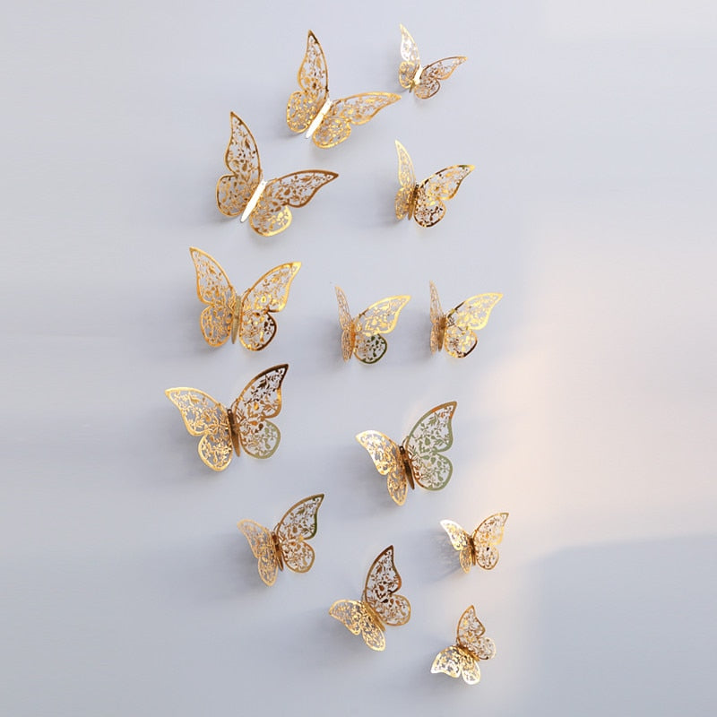 12pcs 3D Hollow Butterfly Wall Sticker for Home Decor DIY Butterflies Fridge stickers  Room Decoration Party Wedding Decor - Korvel